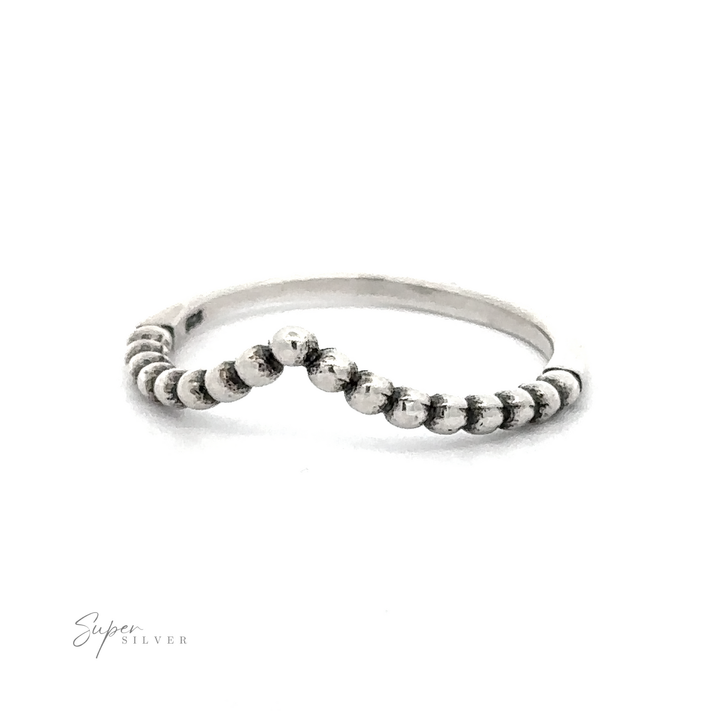 
                  
                    A sterling silver beaded chevron ring with an oxidized finish and beads.
                  
                
