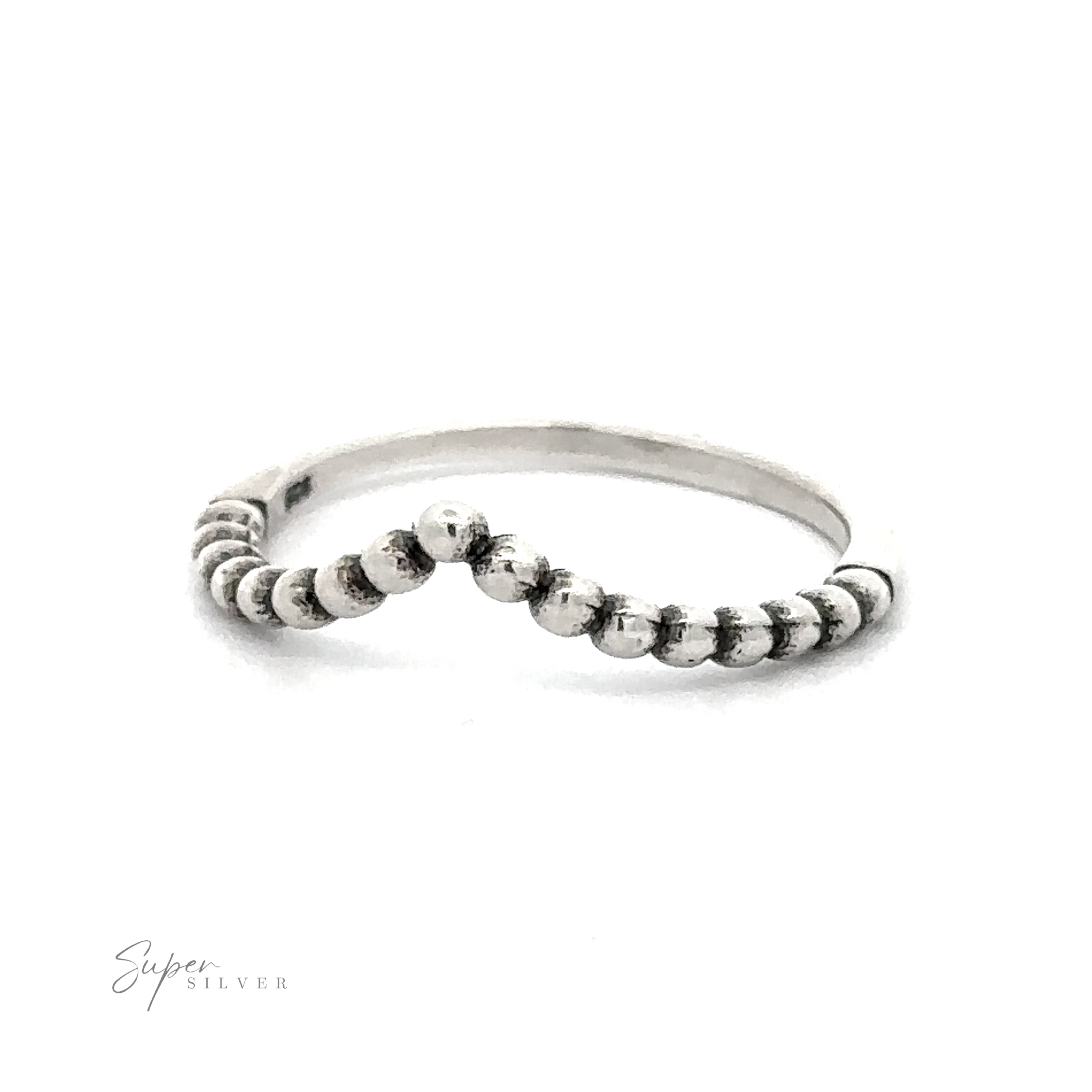 A sterling silver beaded chevron ring with an oxidized finish and beads.