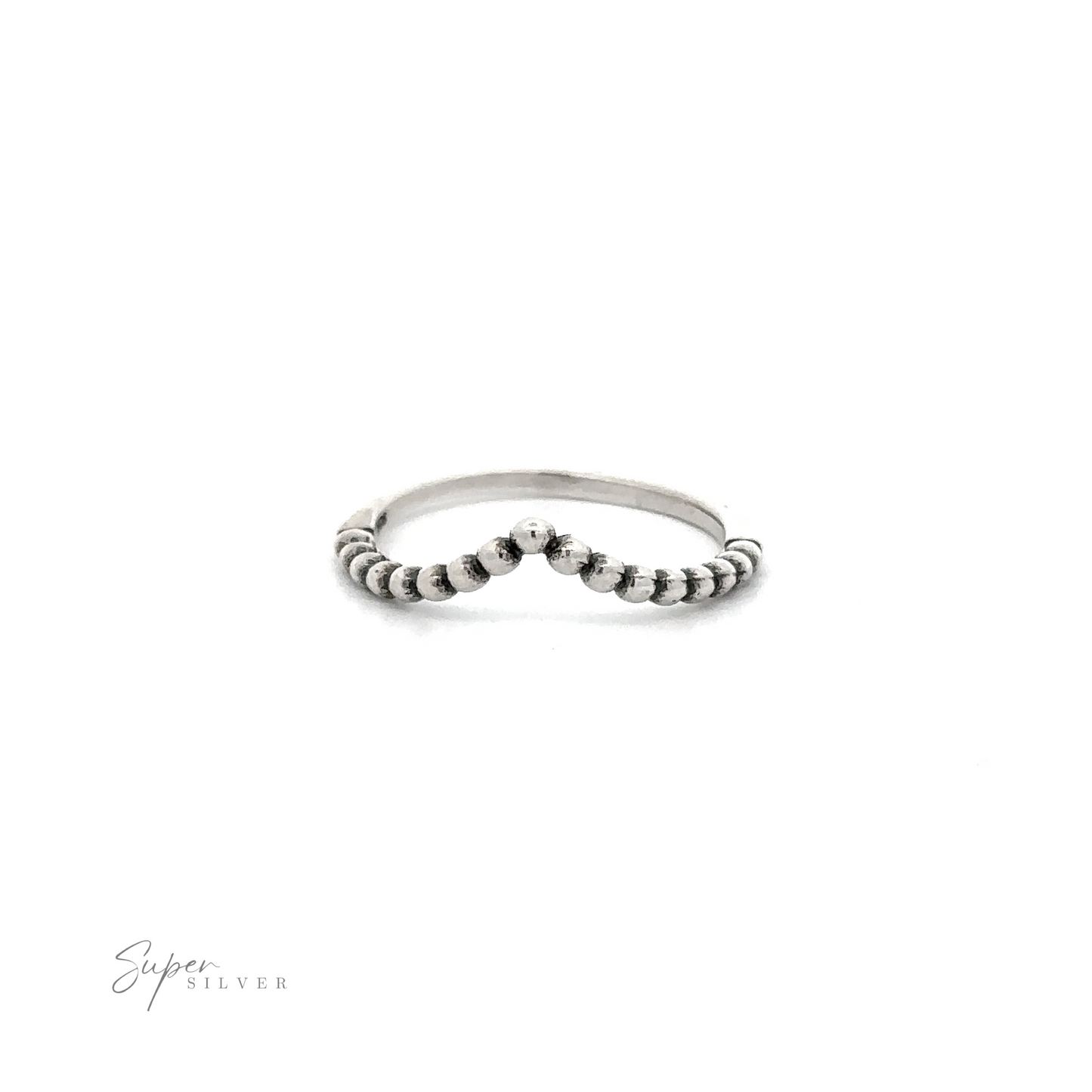 
                  
                    An oxidized sterling silver beaded chevron ring with a curved design.
                  
                