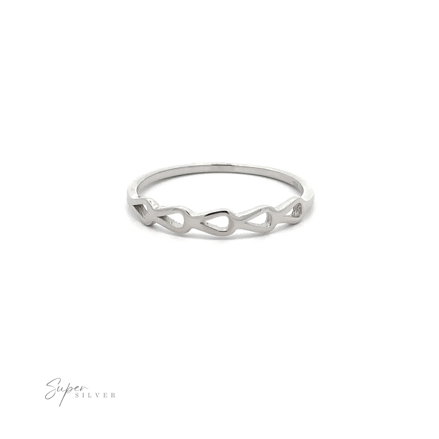 A rhodium plated silver Cutout Teardrop Ring with an infinity design.