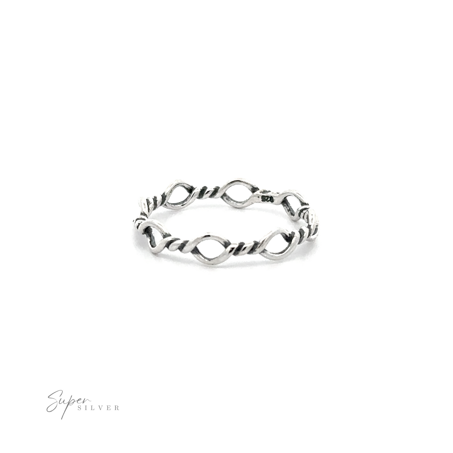 A Rope Ring crafted with .925 sterling silver, featuring twisted wires, and a high polish finish. It is showcased on a clean white background.