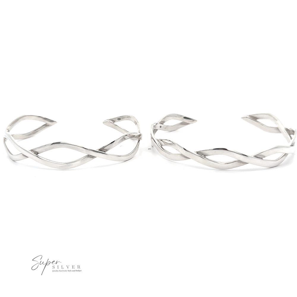 A pair of Stylish Twisted Silver Cuff bracelets with intertwining, openwork designs, placed side by side against a white background. The logo "Super Silver" is visible on the lower left corner.