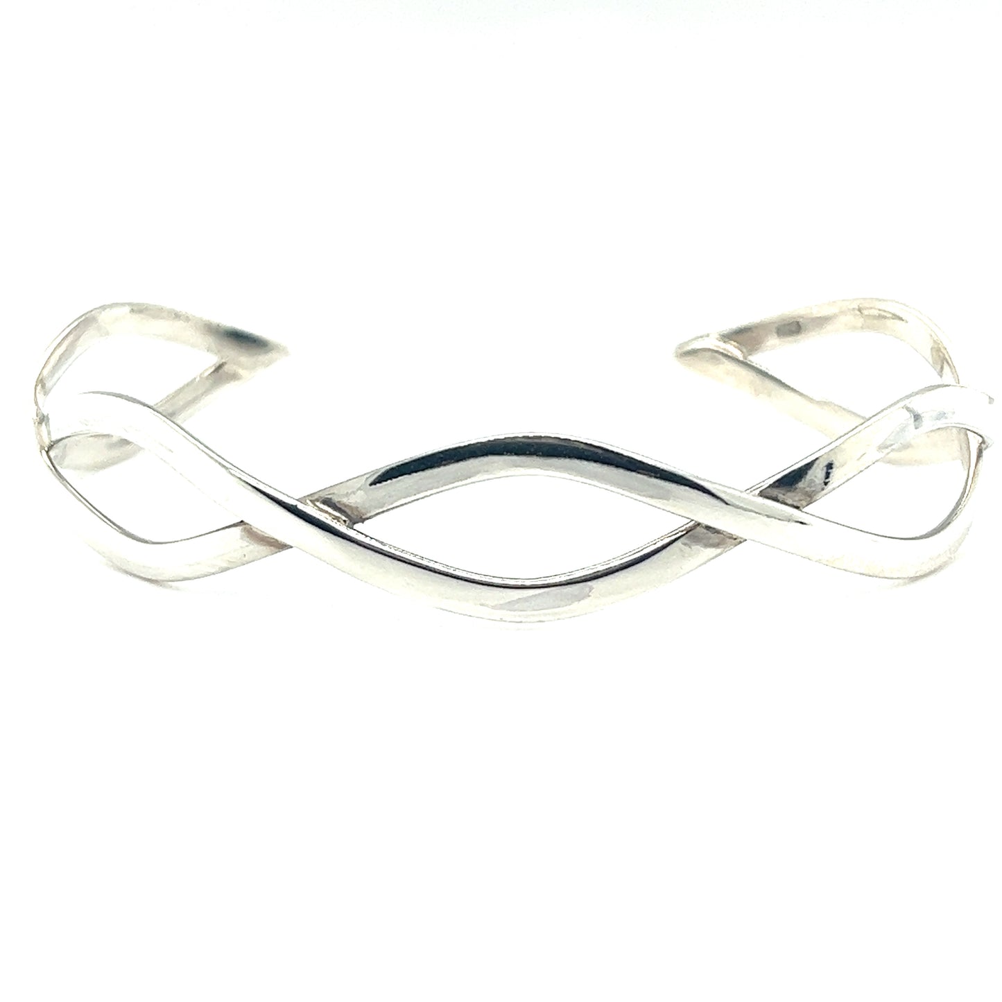 A Stylish Twisted Silver Cuff bracelet adorned with a twisting pattern and an infinity design by Super Silver.