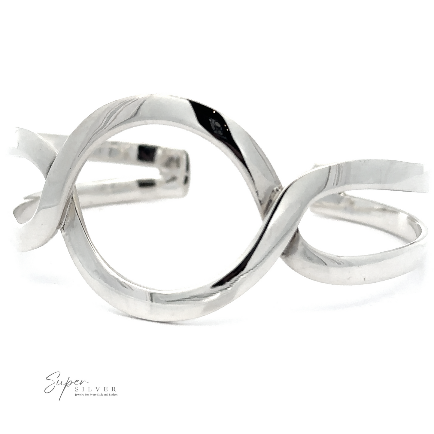 A Trendy Twisted Cuff with Circle Design in .925 Sterling Silver with an abstract, twisted loop design is displayed against a white background, showcasing its boho chic appeal.