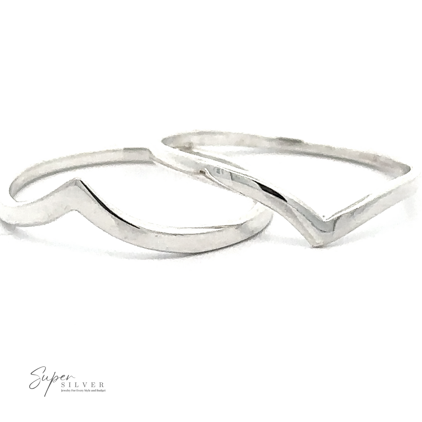 Two minimalist .925 Sterling Silver rings, one showcasing a wavy design and the other a Delicate Silver Chevron Ring, positioned side by side on a white background. The text "Super Silver" is visible in the bottom left corner, embodying modern minimalism.