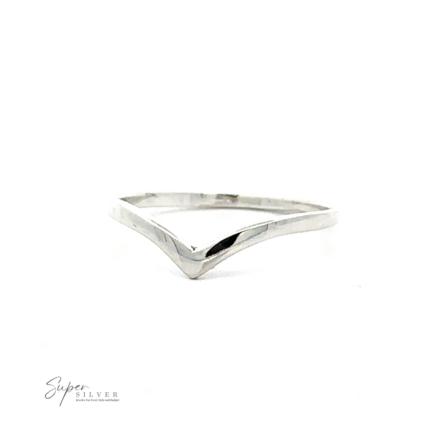 
                  
                    A simple, silver Delicate Silver Chevron Ring, embodying modern minimalism, against a white background. The words "Super Silver" are in the bottom left corner. The elegant piece is crafted from .925 Sterling Silver.
                  
                