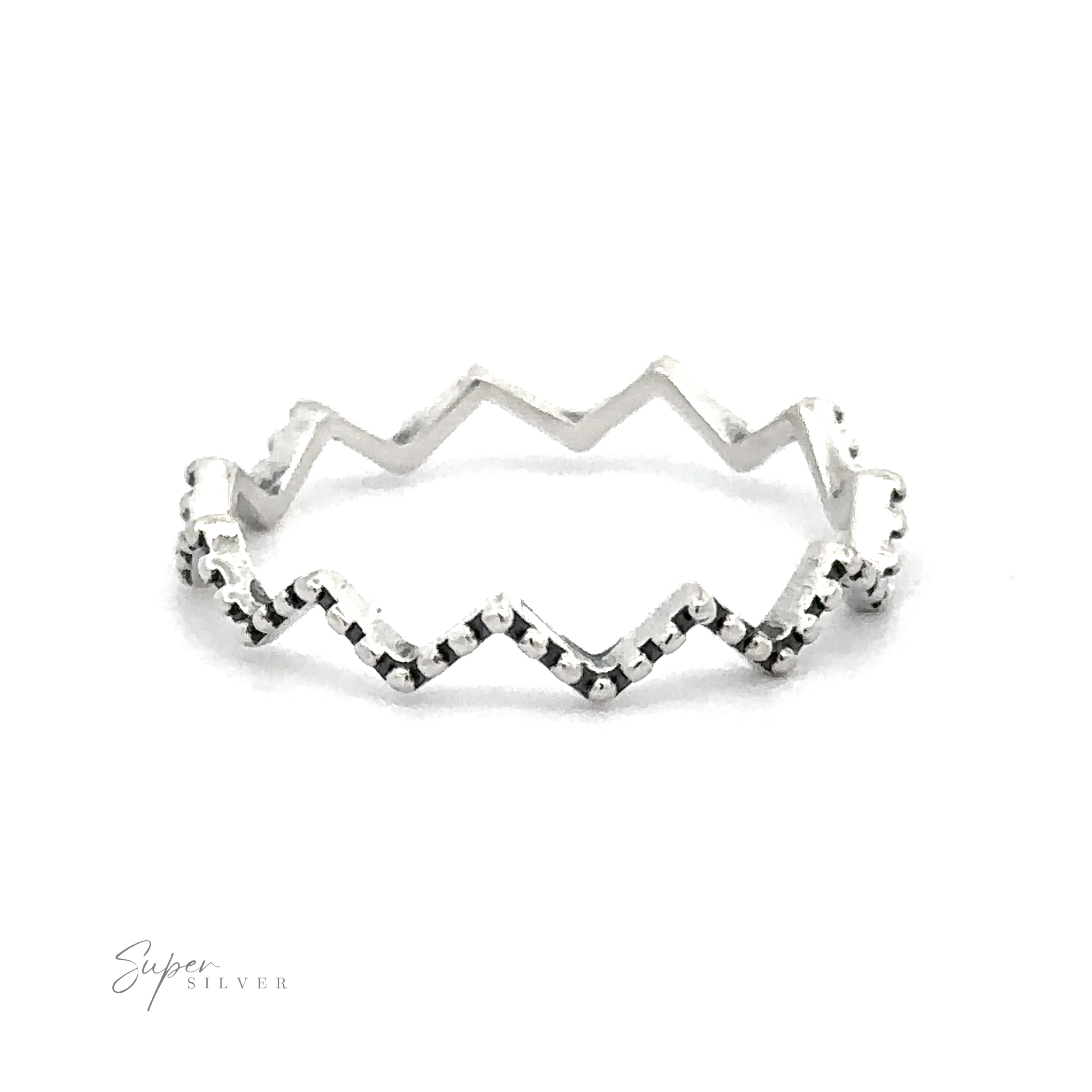 An oxidized band with a Silver Zig-Zag Ring showcasing black diamonds.