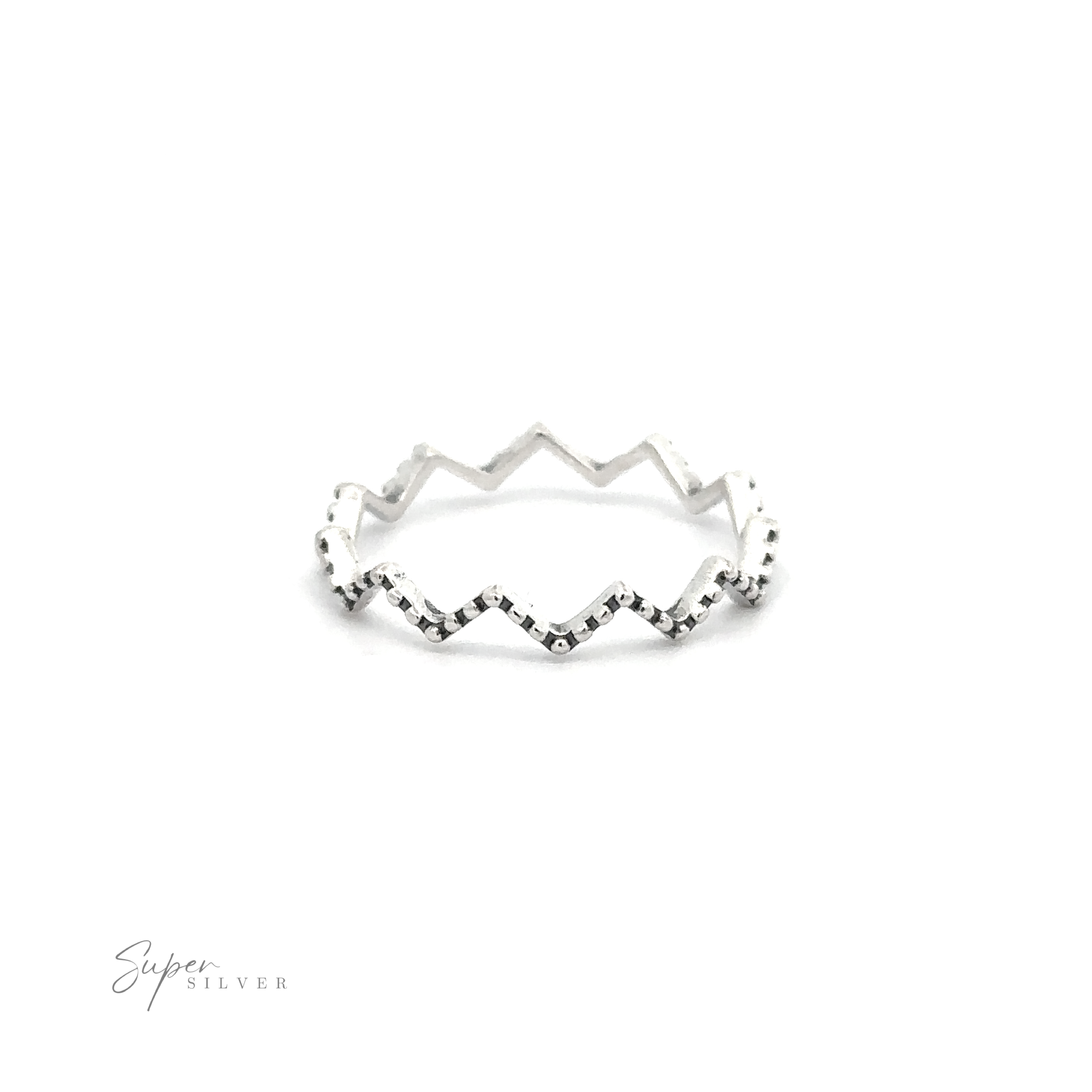 A Silver Zig-Zag Ring with diamonds on it, featuring a zig-zag design.