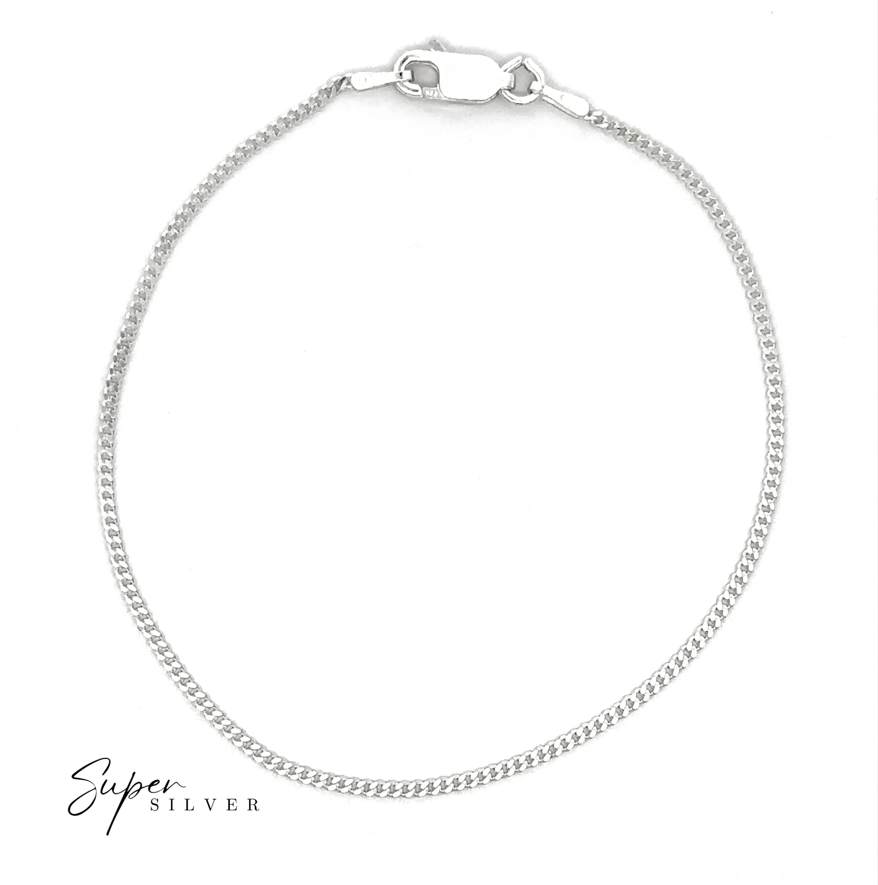 Thin Italian Curb Chain bracelet in sterling silver with a lobster clasp is displayed in a circular shape on a white background. "Super Silver" appears in the lower left, emphasizing Italian curb chain craftsmanship.