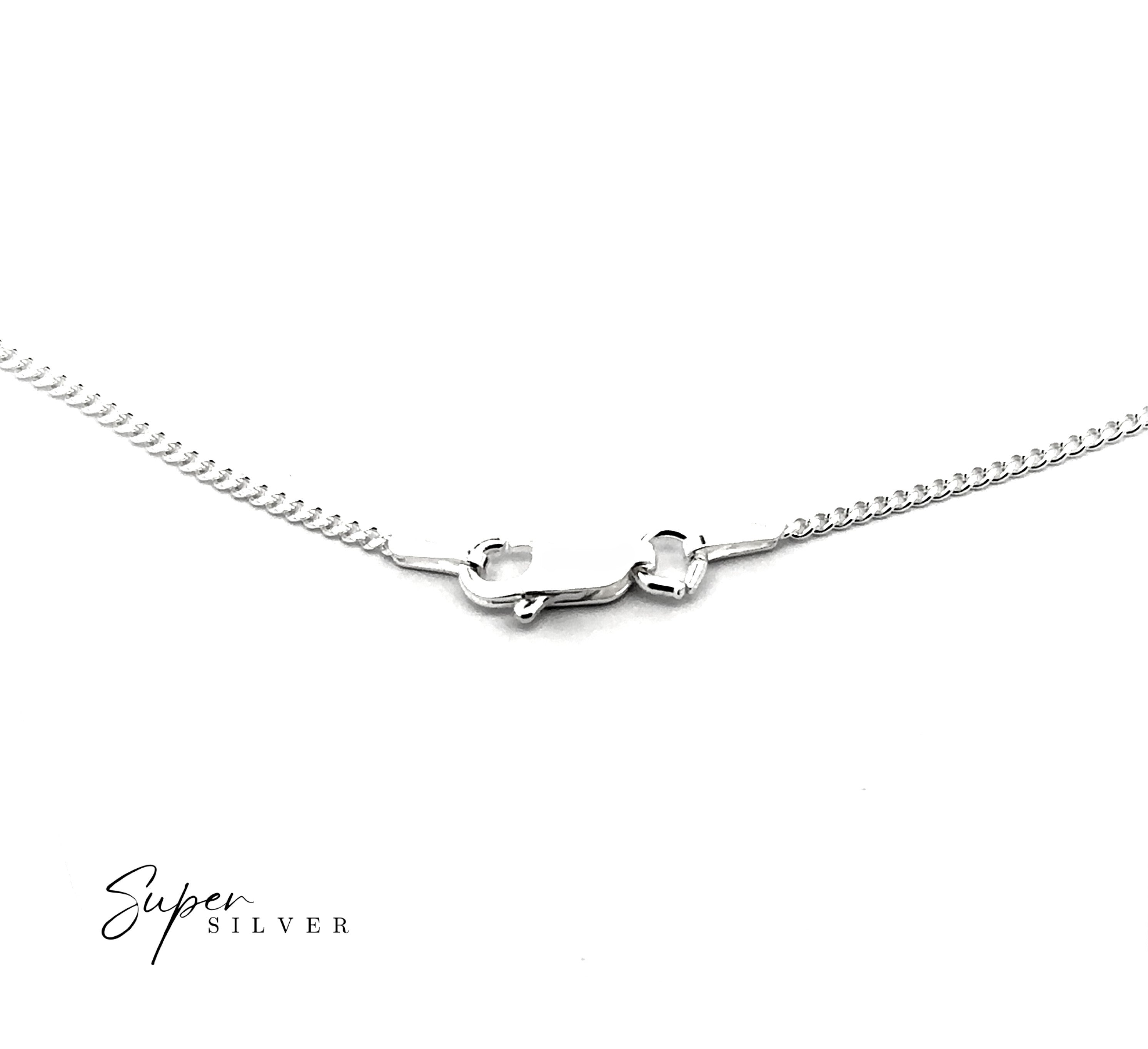 A close-up of the Thin Italian Curb Chain in sterling silver with a lobster clasp, displayed on a white background. “Super Silver” appears in black script at the bottom left, emphasizing the elegance of this Italian-made necklace.