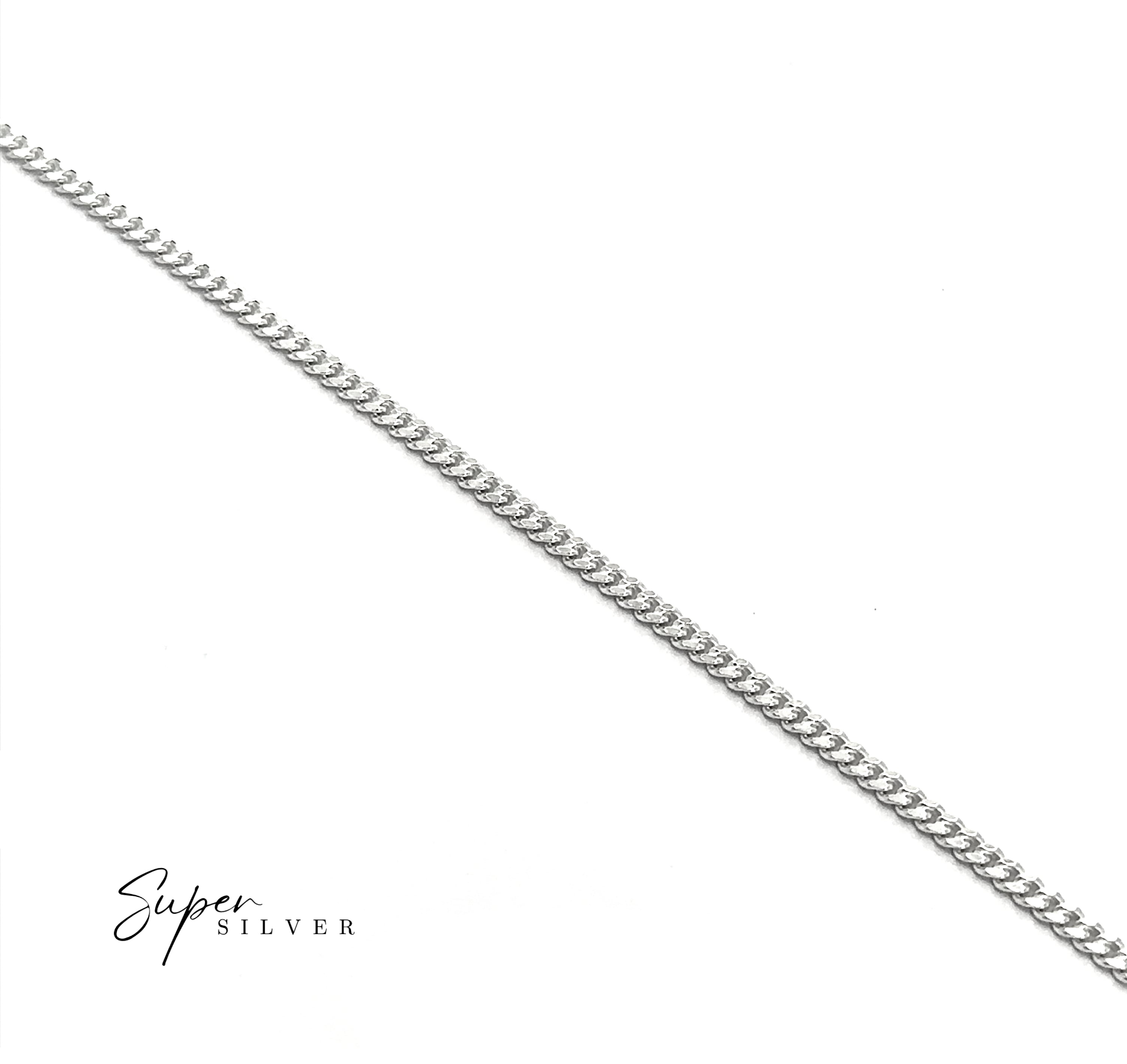 The Thin Italian Curb Chain bracelet, crafted in sterling silver, is displayed diagonally on a white background with the Super Silver logo positioned in the lower-left corner.