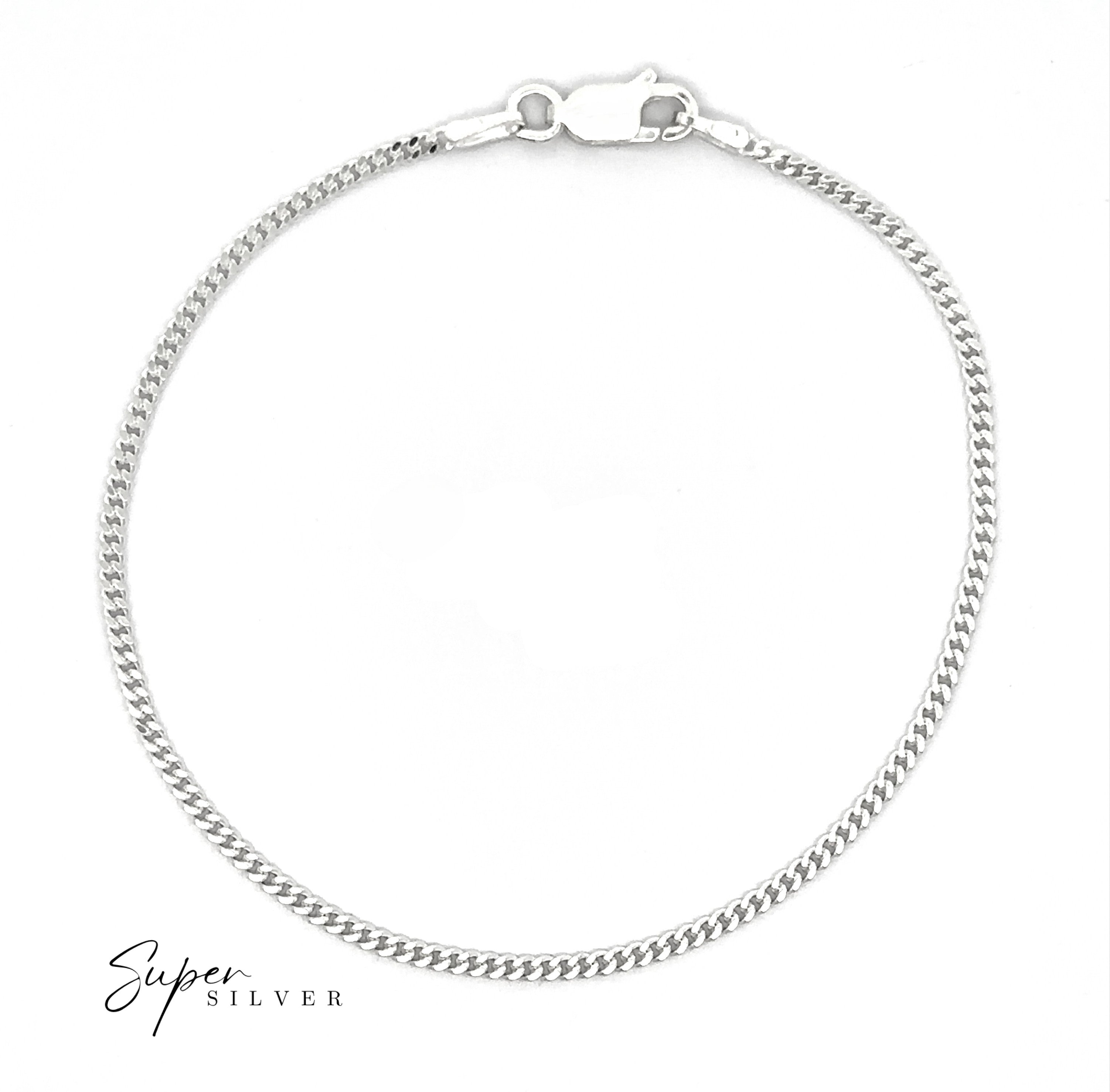 The Thin Italian Curb Chain is a sterling silver bracelet with a lobster clasp, shown in a circular shape on a white background. The "Super Silver" logo appears in the bottom left—timeless style inspired by classic Italian curb chains.