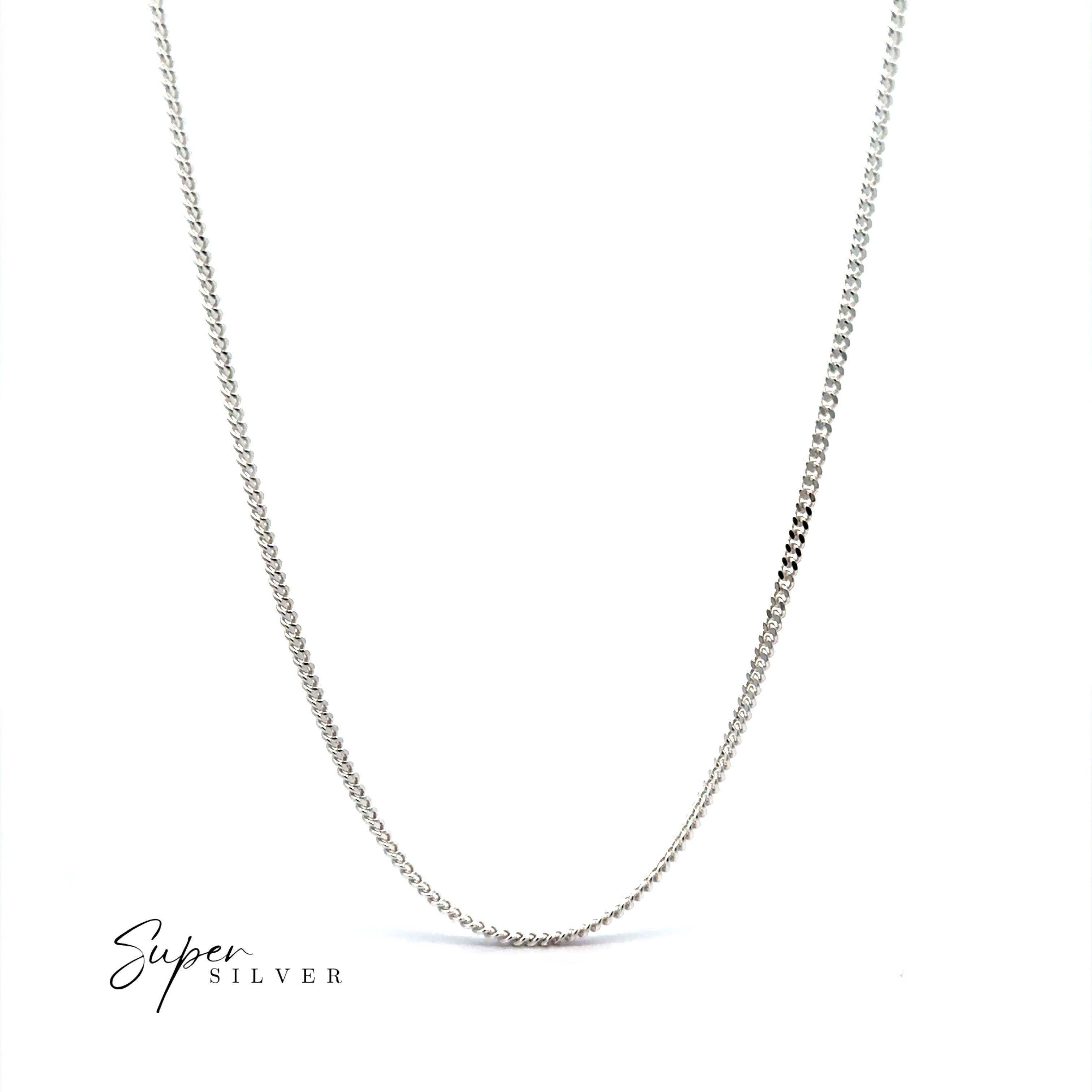 The Thin Italian Curb Chain, a slender sterling silver necklace, is shown on a white background with "Super Silver" in the lower left corner, emphasizing its classic Italian curb chain design.