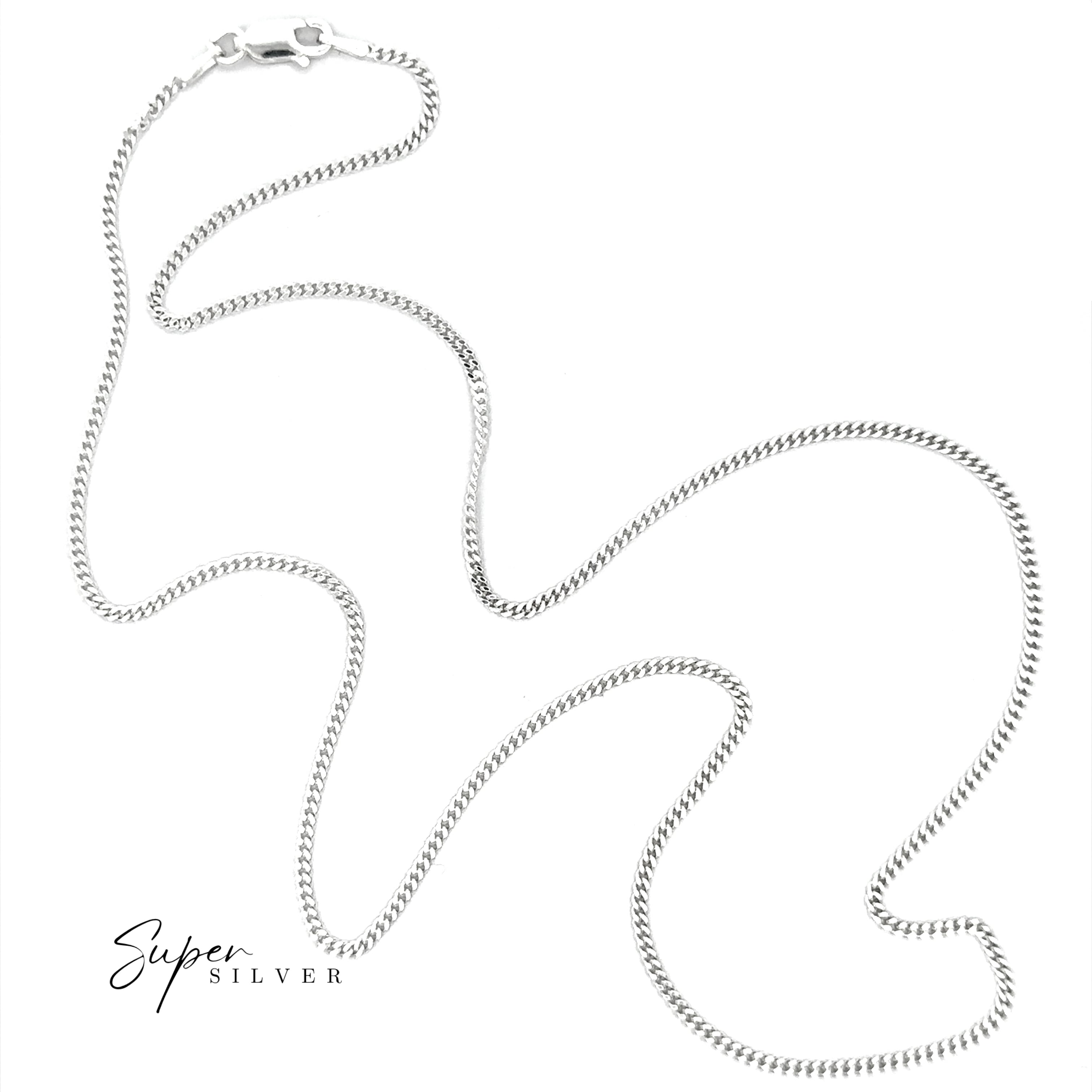 A Thin Italian Curb Chain necklace with a lobster clasp is displayed on a white background. "Super Silver" appears in the bottom left, highlighting this elegant sterling silver piece.