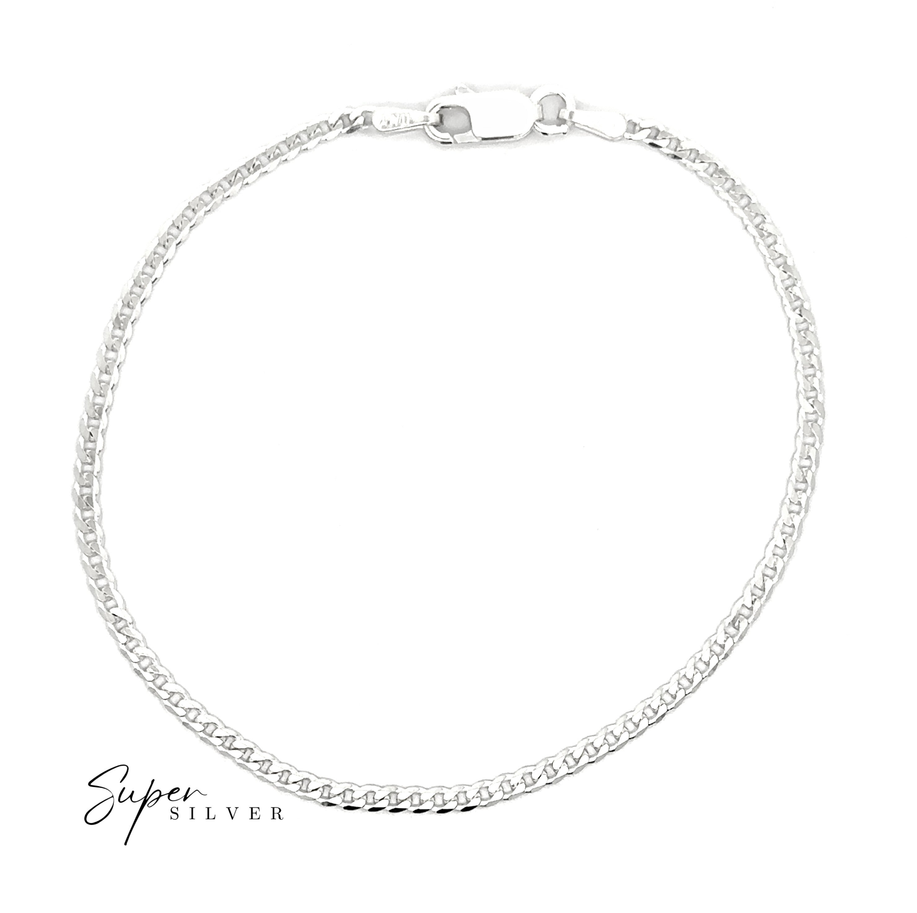 The Thin Italian Curb Chain is a sterling silver bracelet with a lobster clasp, shown in a circle on a white background and featuring the "Super Silver" logo in the lower left corner.