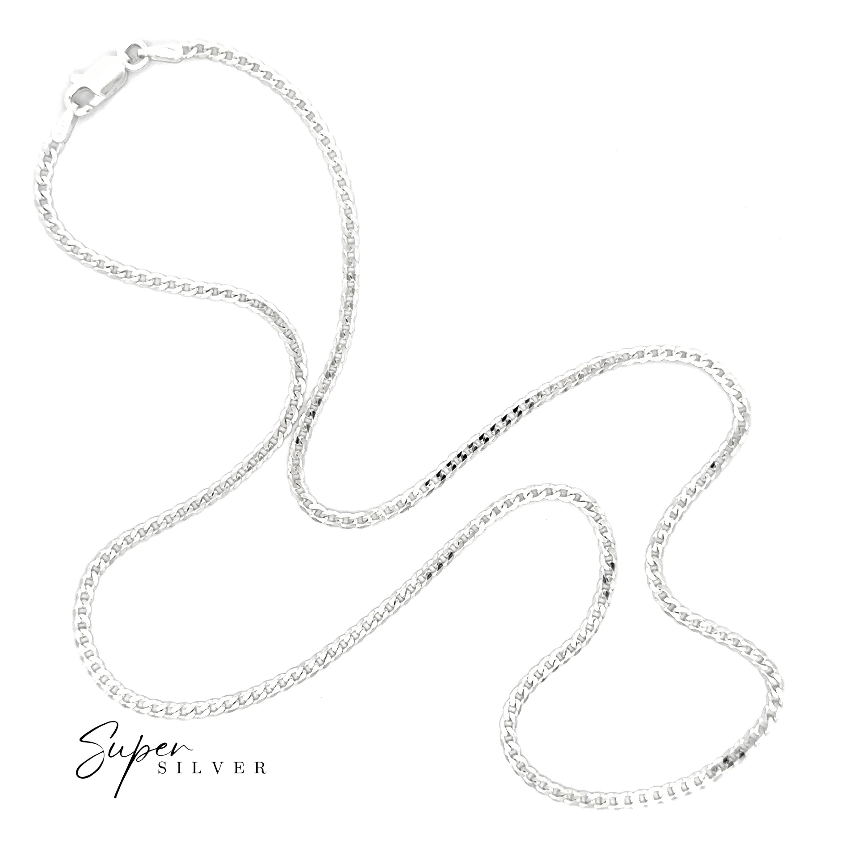 A Thin Italian Curb Chain necklace with a lobster clasp is displayed against a white background, featuring "Super Silver" text in the bottom left corner.