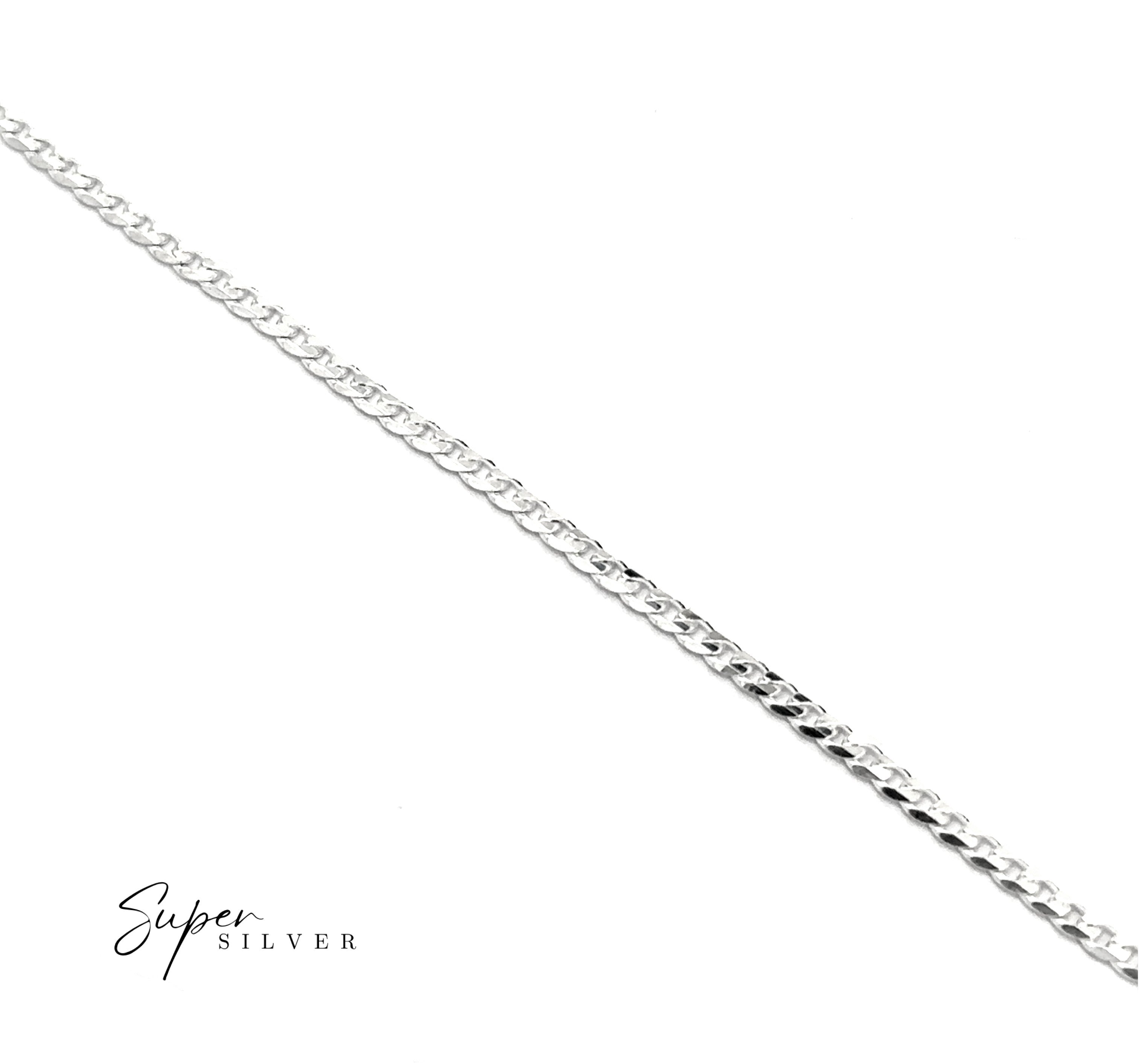 The Thin Italian Curb Chain, a delicate sterling silver necklace, is shown diagonally on a white background with "Super Silver" text in the lower left corner.