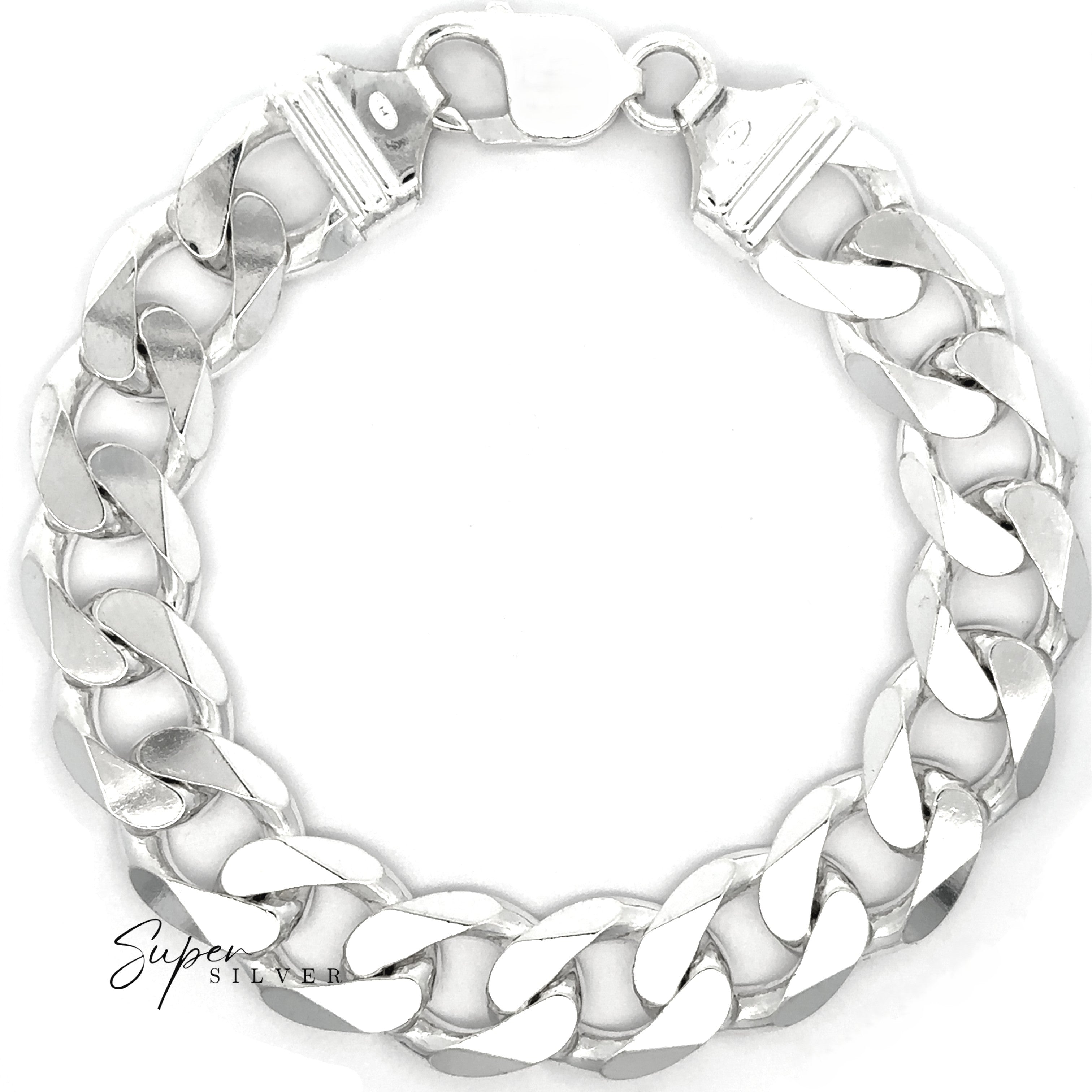Displayed on a white background, the Massive Italian Curb Chains bracelet features a thick, polished men's silver Italian curb chain with a lobster clasp and "Super Silver" in the bottom left corner.
