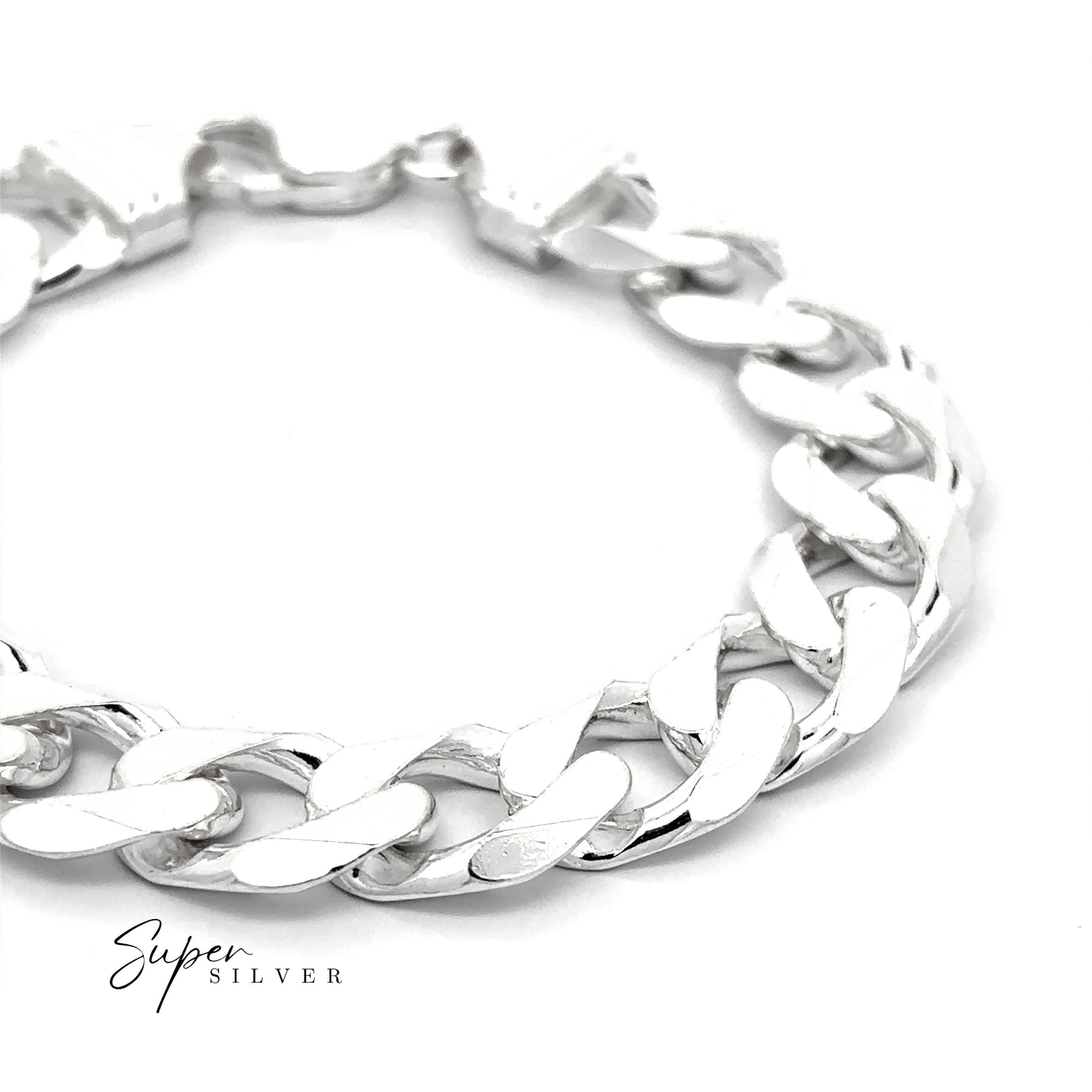 A close-up of a men's silver bracelet from the Massive Italian Curb Chains collection, showcasing large, flat links in an oversized curb chain style on a white background. "Super Silver" appears in the lower left corner.