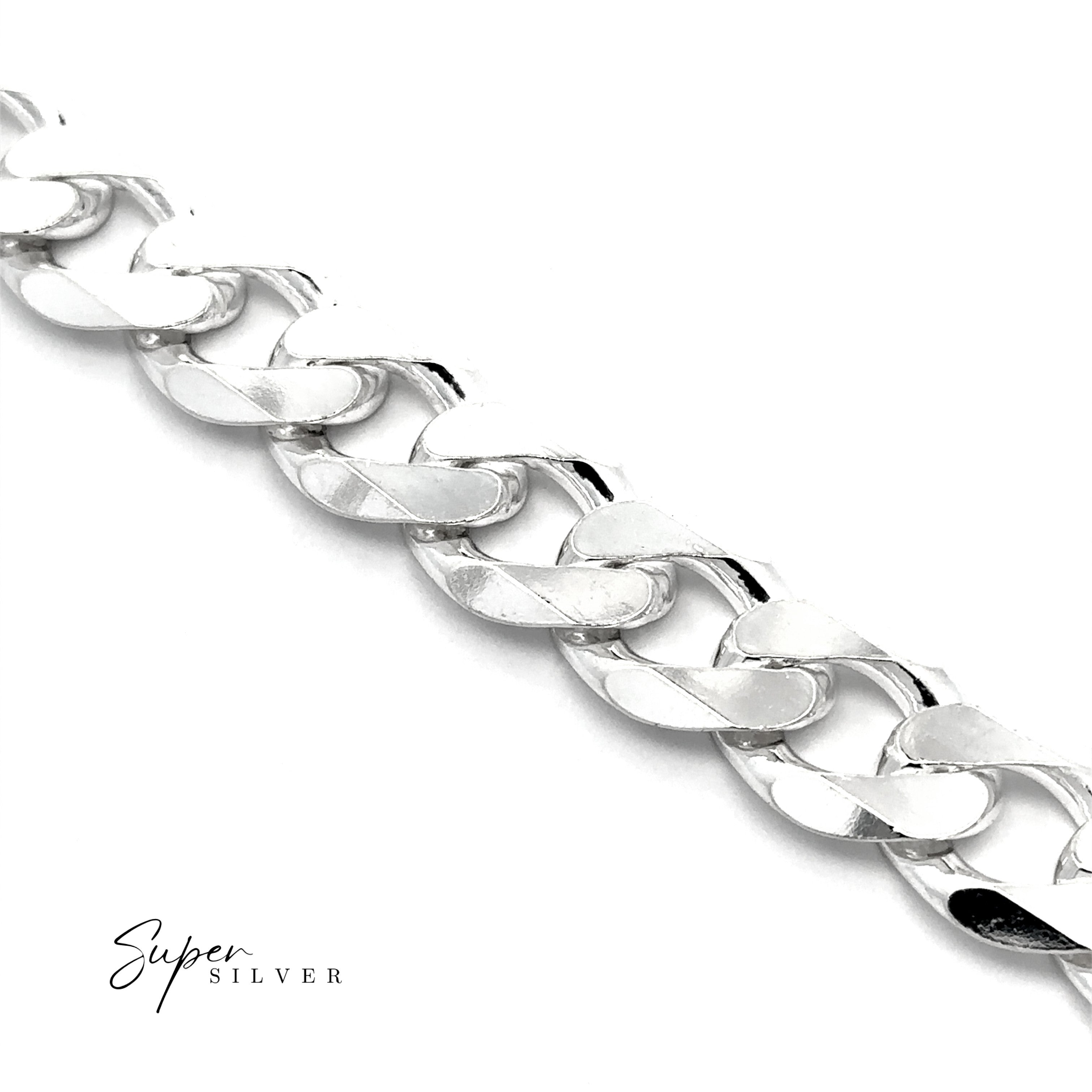 Close-up of a polished men's "Massive Italian Curb Chains" silver bracelet on a white background, with the product name in the bottom left corner.