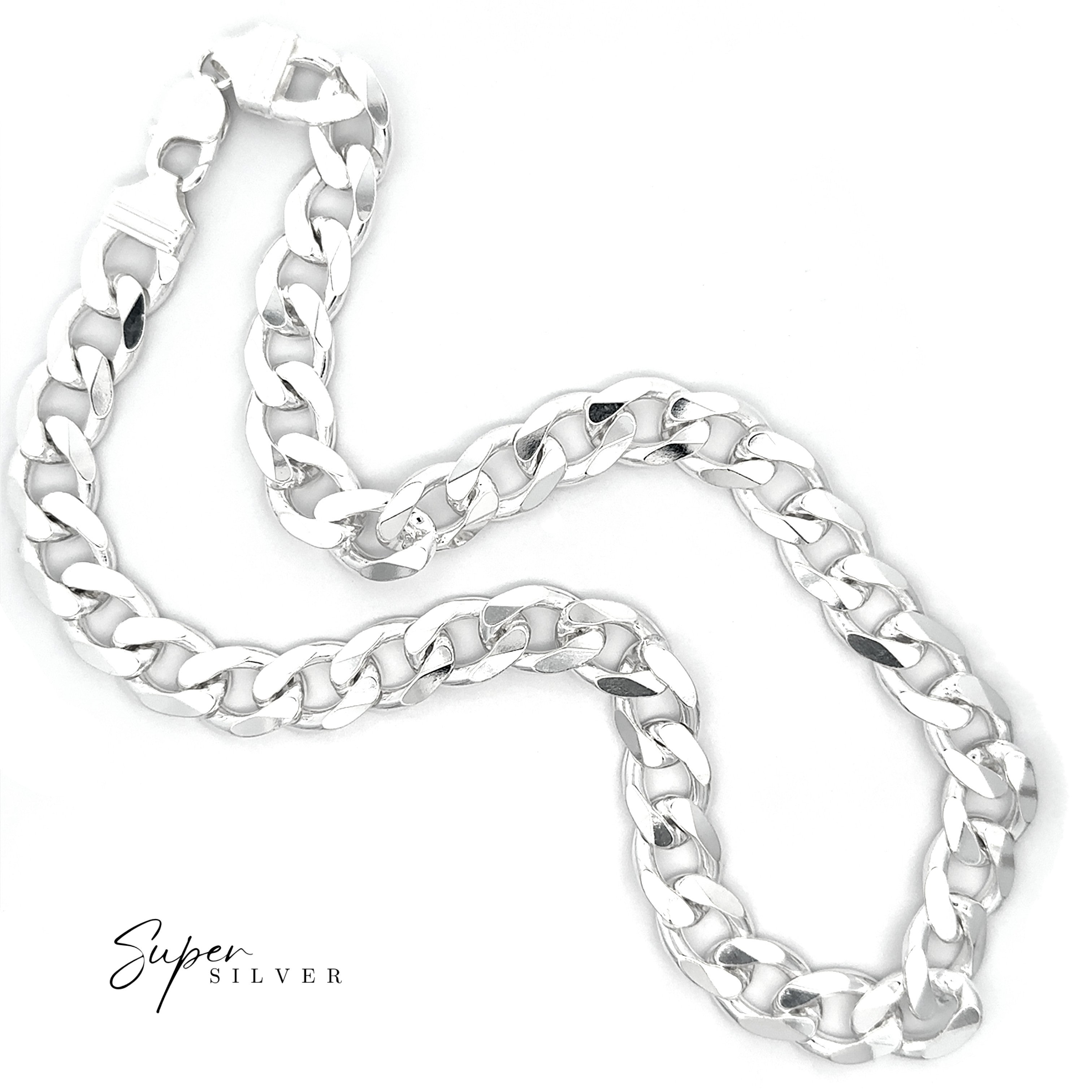 A men's silver bracelet called Massive Italian Curb Chains features oversized Italian curb links and a lobster clasp, shown on a white background with "Super Silver" text in the corner.