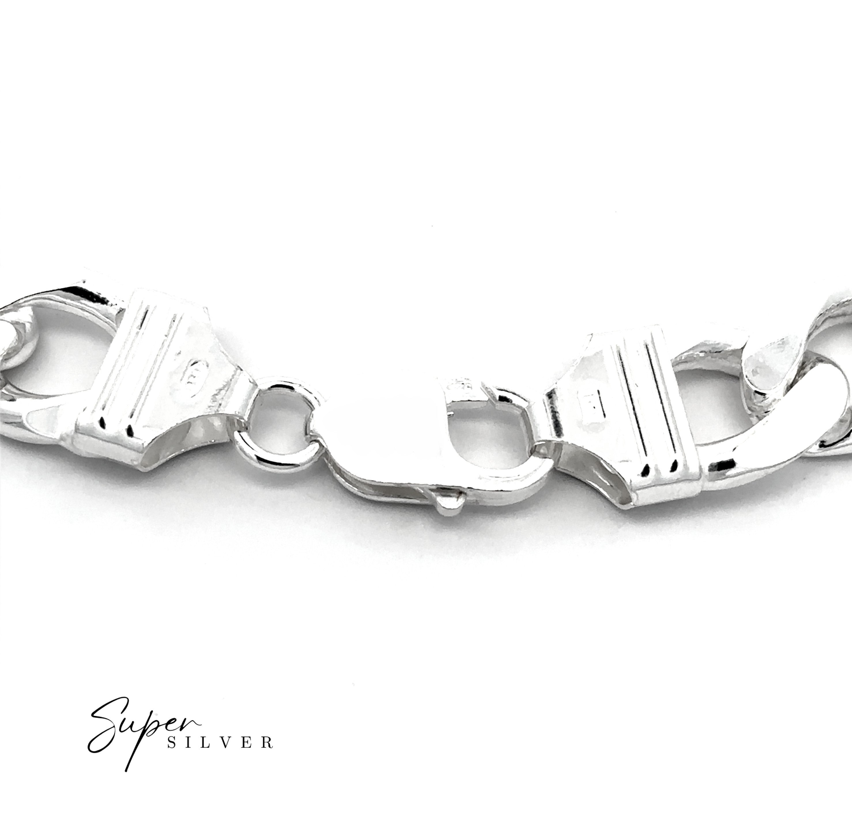 Close-up of a Massive Italian Curb Chains men's silver bracelet with a lobster clasp on a white background. "Super Silver" appears in the bottom left corner.