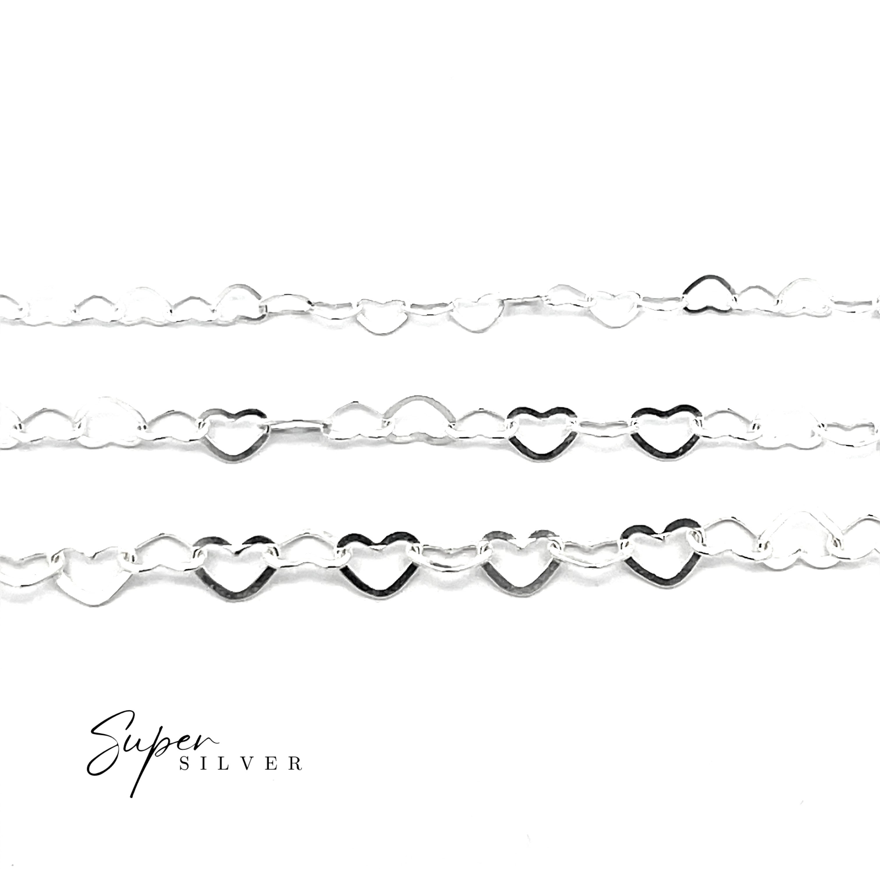 Three Italian Heart Link Chains with repeating open heart-shaped links are arranged horizontally on a white background. The text "Super Silver" appears in the lower left corner.