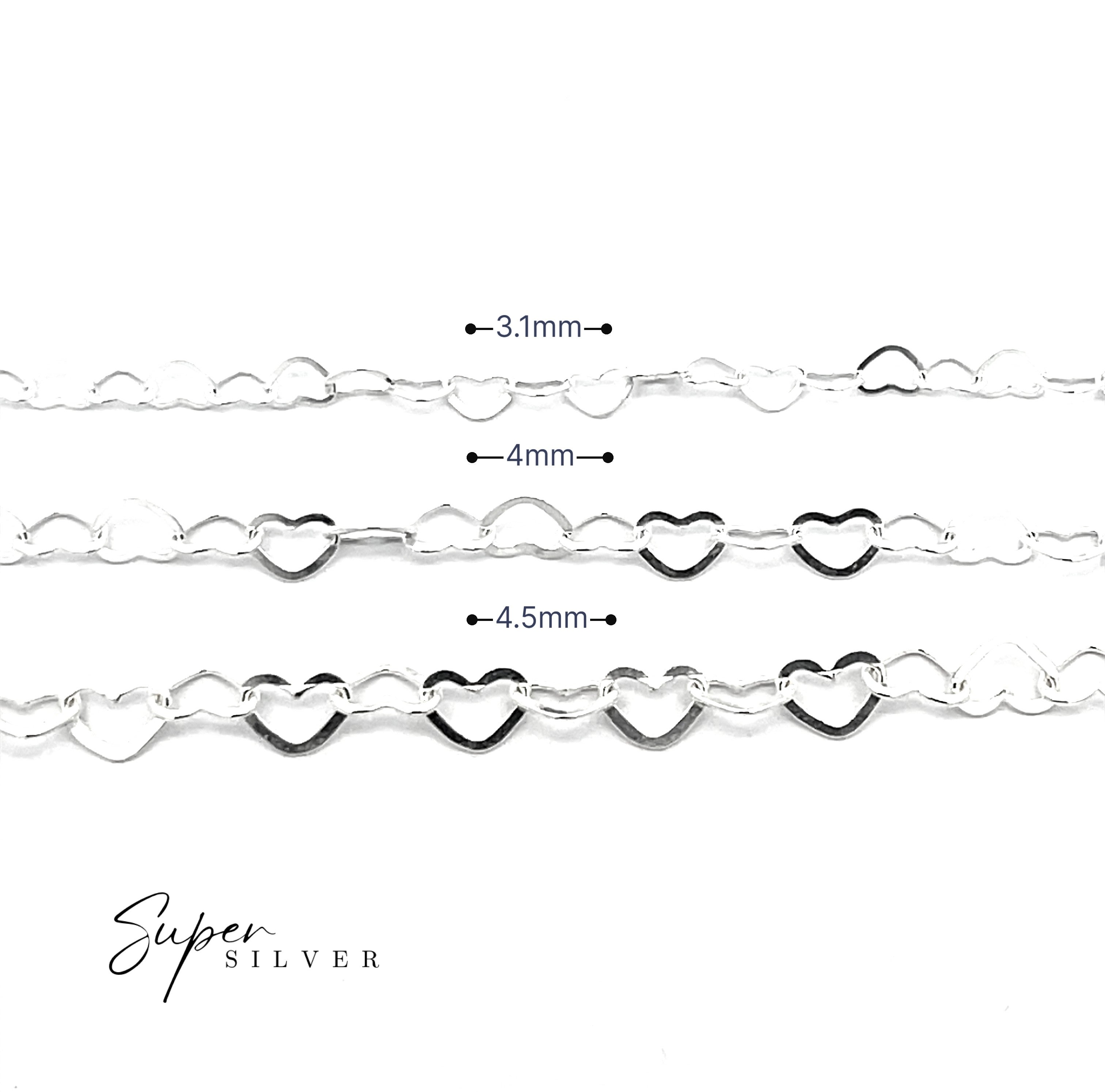 Three Italian Heart Link Chains are shown in a row, each with different heart sizes: 3.1mm, 4mm, and 4.5mm. “Super Silver” appears in the lower left, highlighting their sterling silver design.
