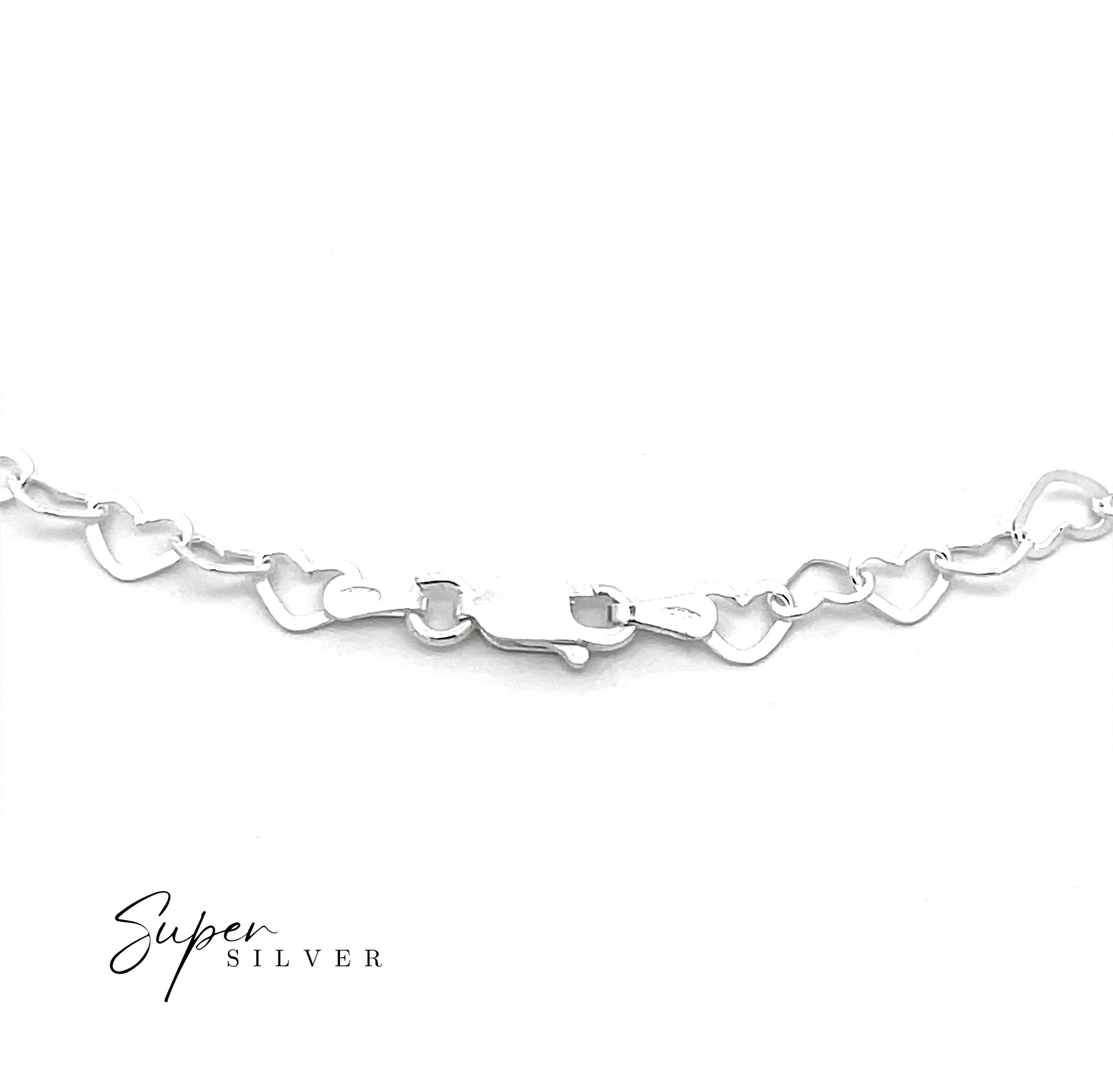 The Italian Heart Link Chain is a silver bracelet with heart-shaped links and a clasp, shown on a white background with "Super Silver" in the corner.