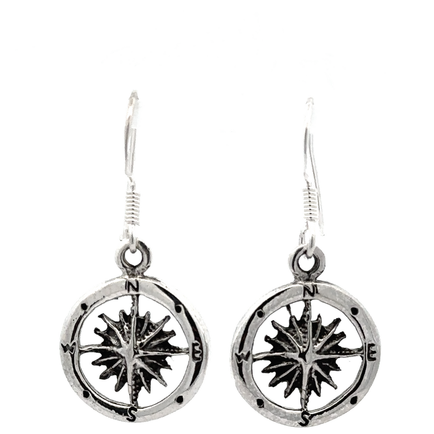 
                  
                    A pair of Compass Dangling Earrings designed in sterling silver with hook fasteners, isolated on a white background.
                  
                