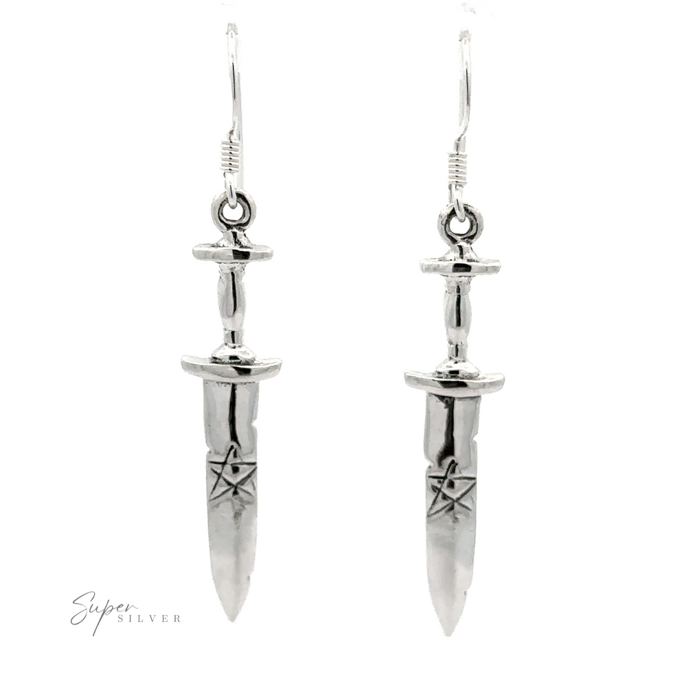 
                  
                    Dagger Earrings With Pentagram with star and circle engravings on the blades, embracing a gothic style with their intricate designs.
                  
                
