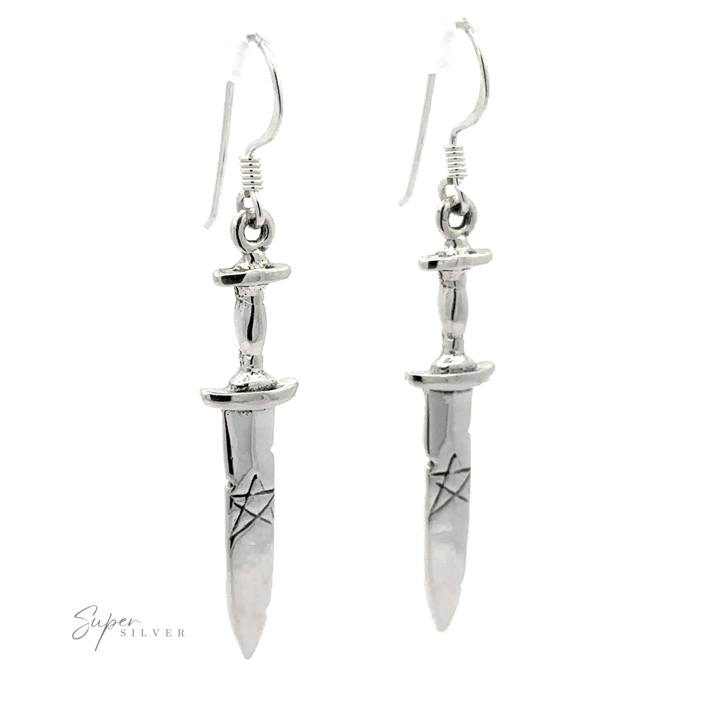 
                  
                    A pair of Dagger Earrings With Pentagram with intricate detailing and hooks for wearing, embodying a gothic style. The "Super Silver" logo is visible in the lower left corner.
                  
                