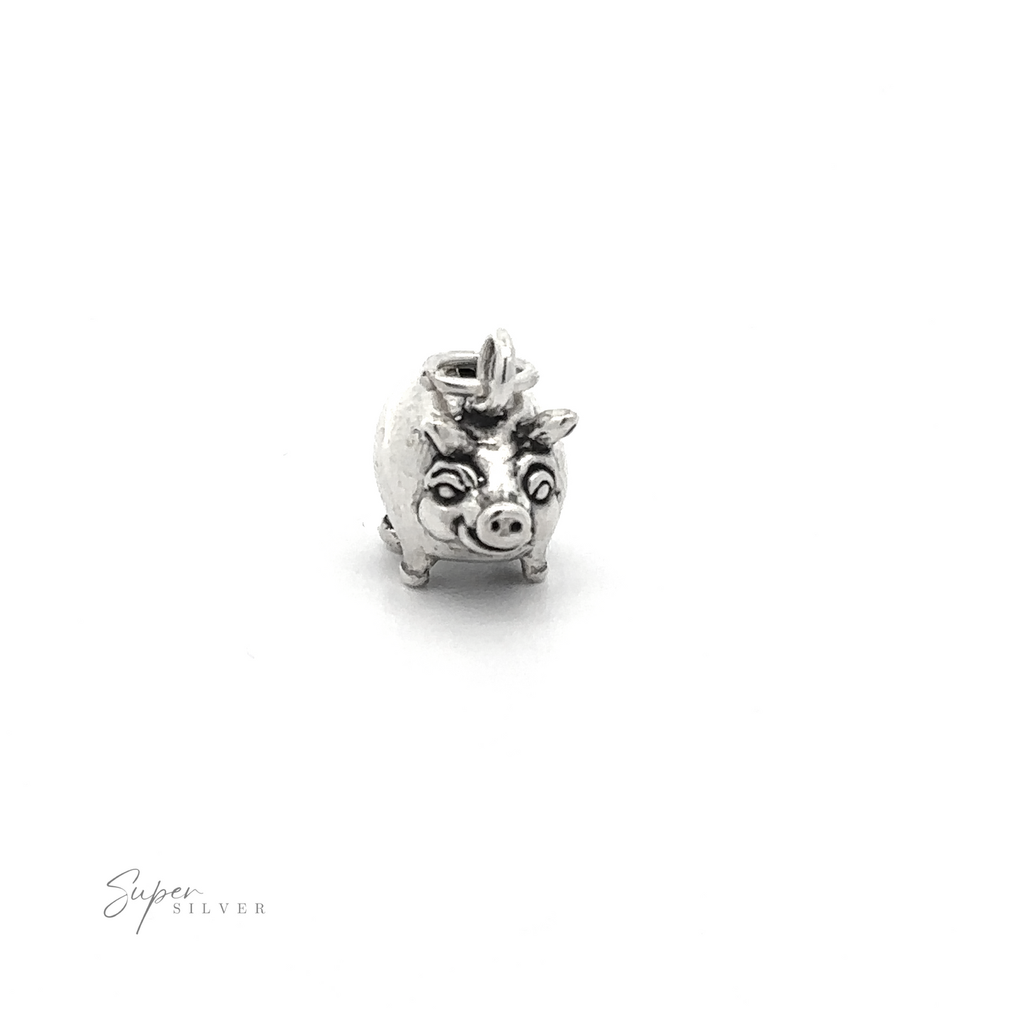 
                  
                    The Piggy Bank Charm is a small, silver pig-shaped piece with detailed features, including eyes and ears. Made from .925 Sterling Silver, this playful jewelry item has an attachment loop on top and the brand name "Super Silver" visible in the bottom left corner.
                  
                