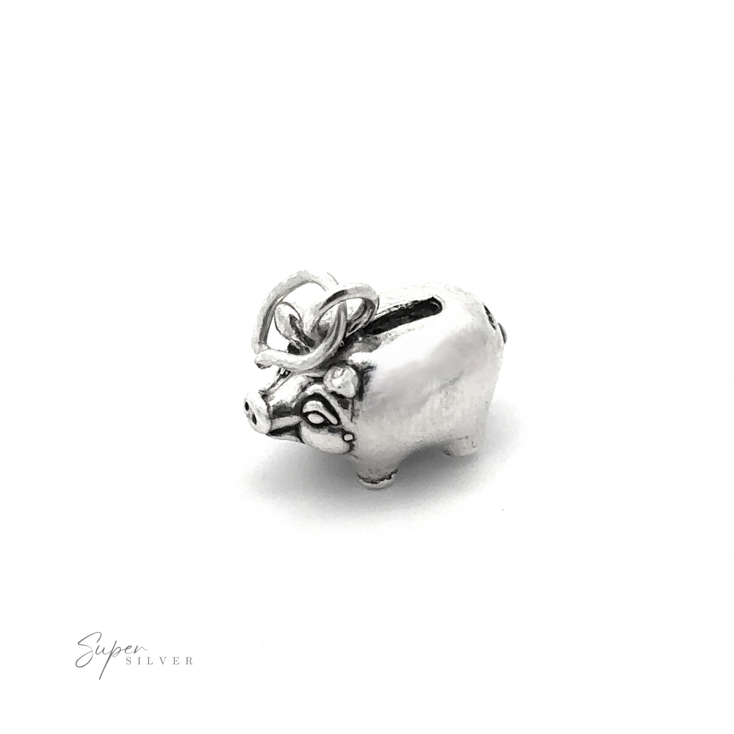 A playful "Piggy Bank Charm" pendant crafted from .925 Sterling Silver features a pig shape with engraved details and a shiny surface. It has a small loop for attaching to a chain or bracelet and the "Super Silver" logo in the bottom left corner, making it an ideal chunky addition to your collection.