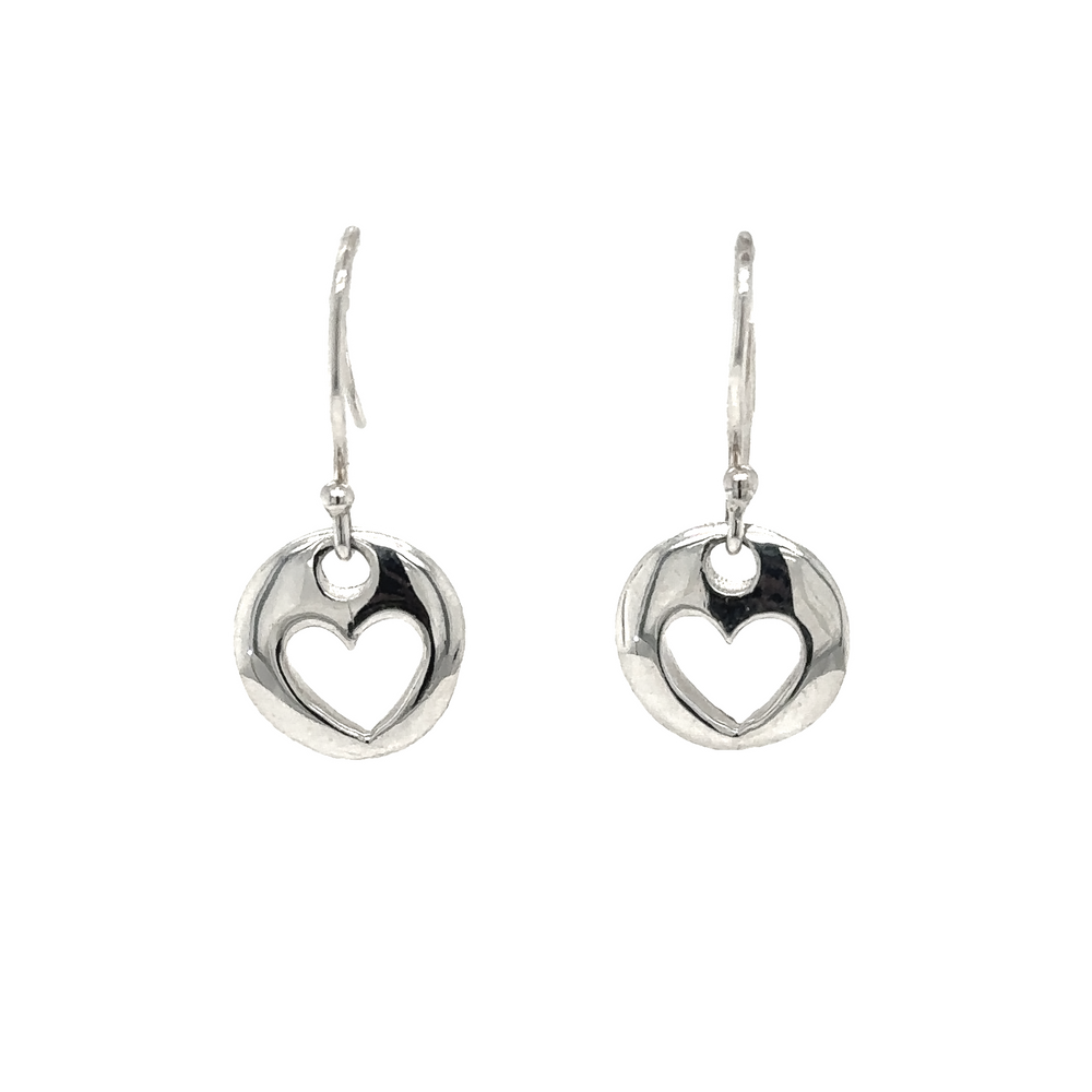 
                  
                    A pair of Super Silver Round Heart Cutout Earrings on a white background.
                  
                