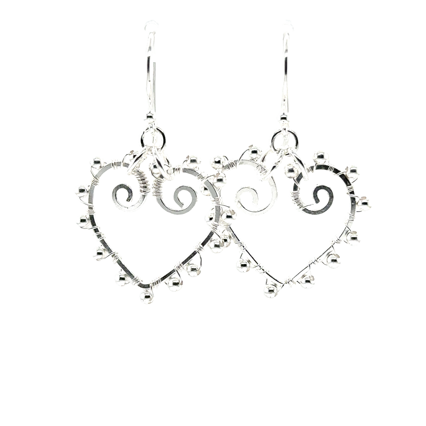 
                  
                    A pair of lightweight Super Silver heart earrings with silver beads, perfect for everyday wear, on a white background.
                  
                