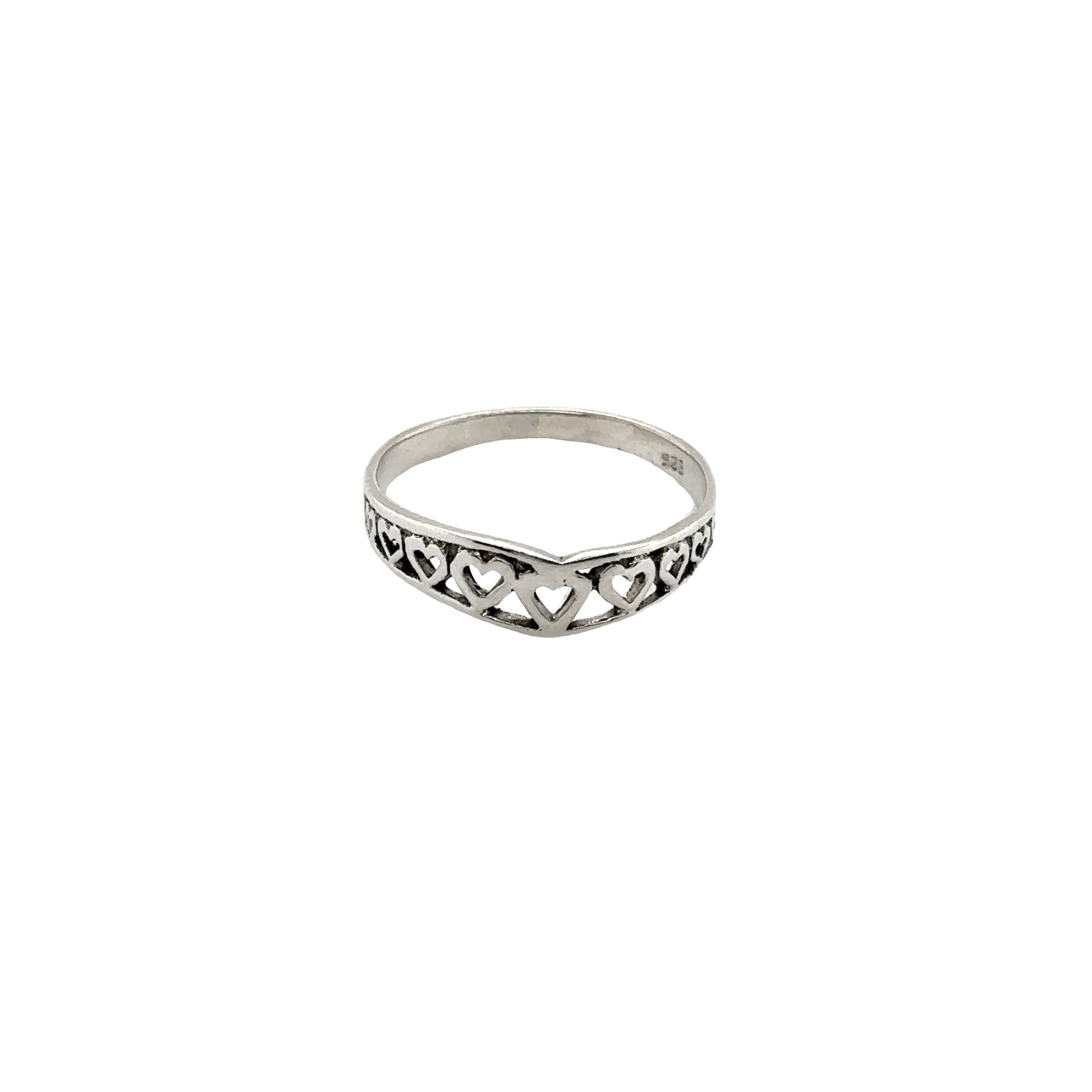 A chevron-shaped ring lined with hearts, symbolizing love.