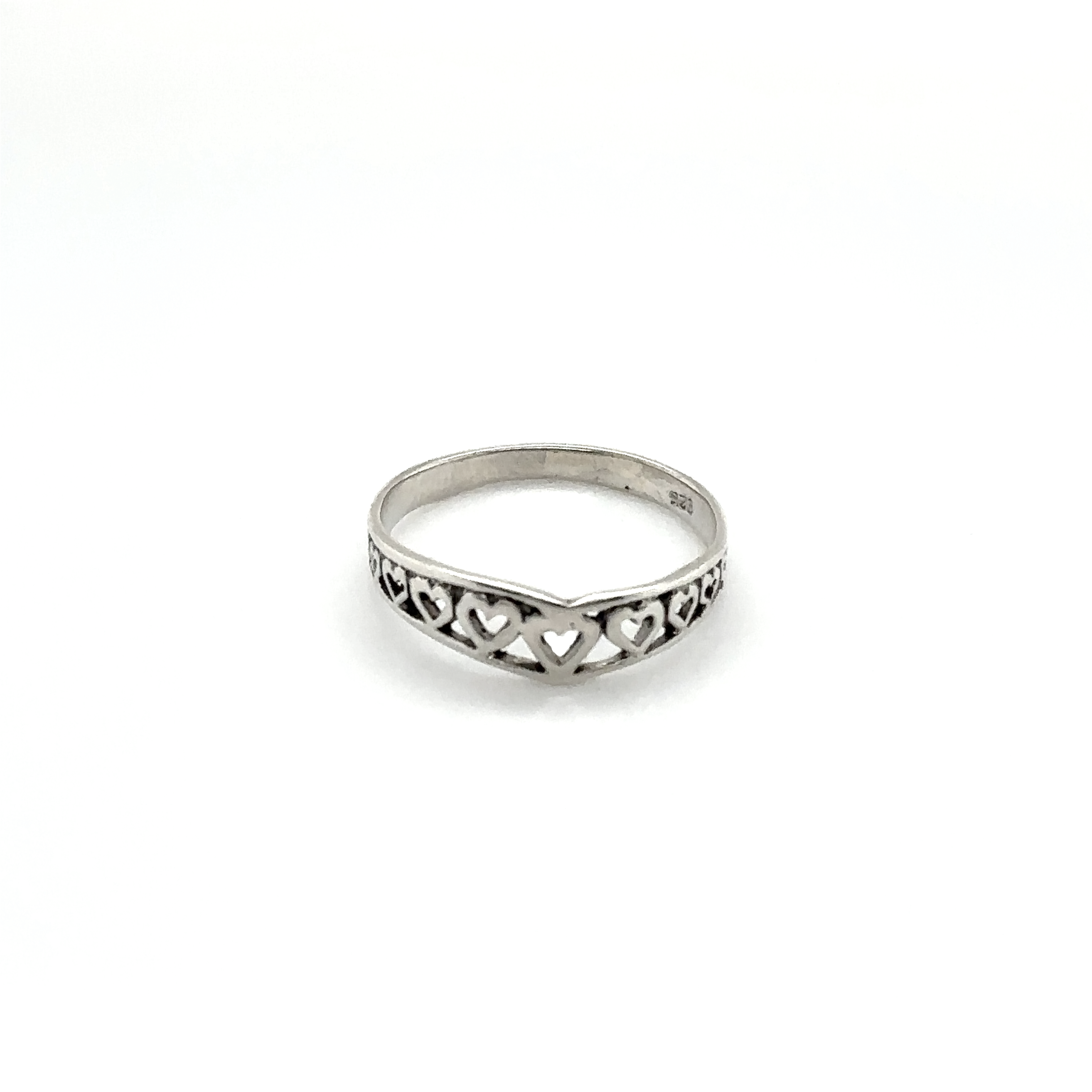 A minimalist Chevron Shaped Ring Lined with Hearts with an intricate heart design.