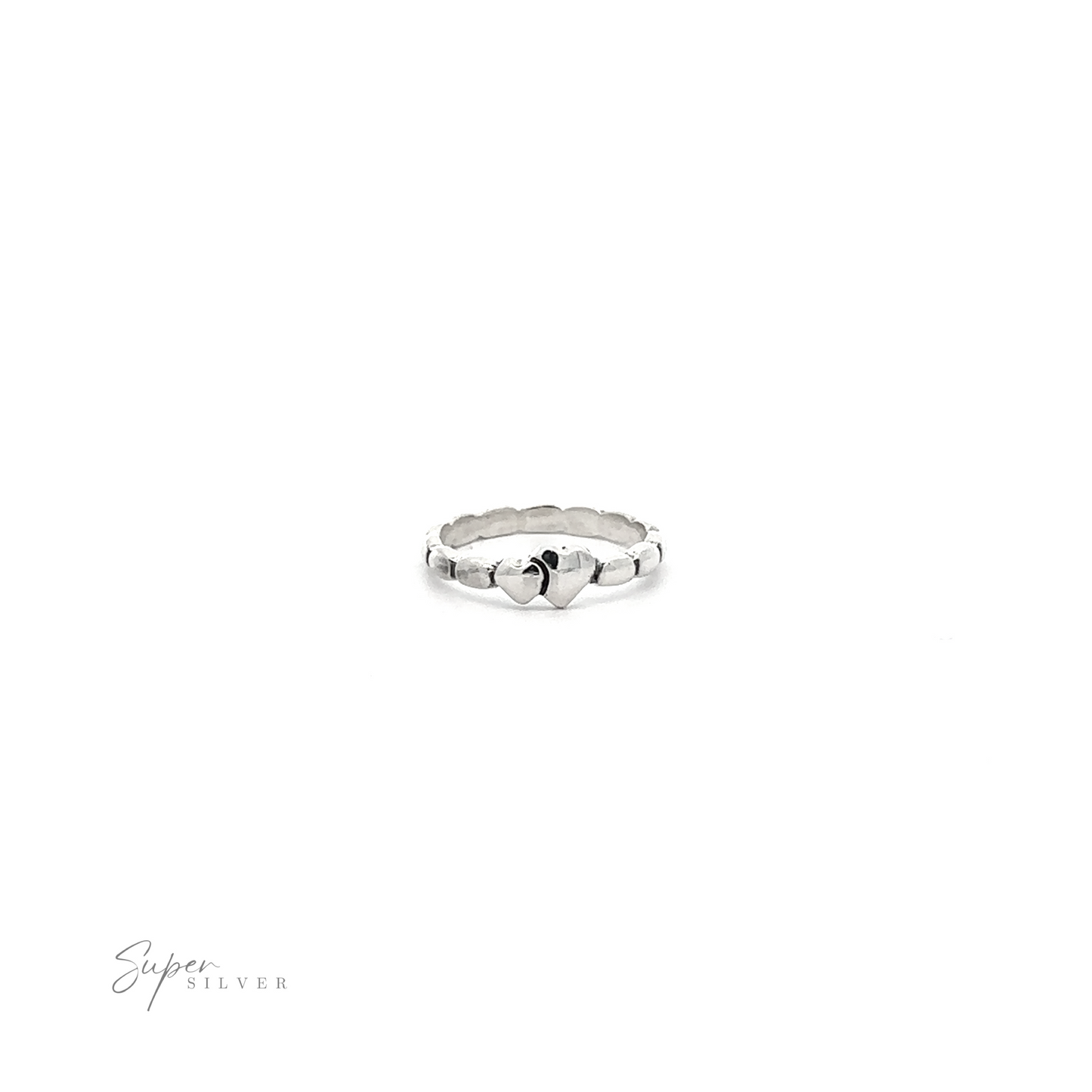 
                  
                    A Dainty Double Heart Band with a claddagh design displayed on a white background. The text "super silver" is written in a stylized font below the ring.
                  
                