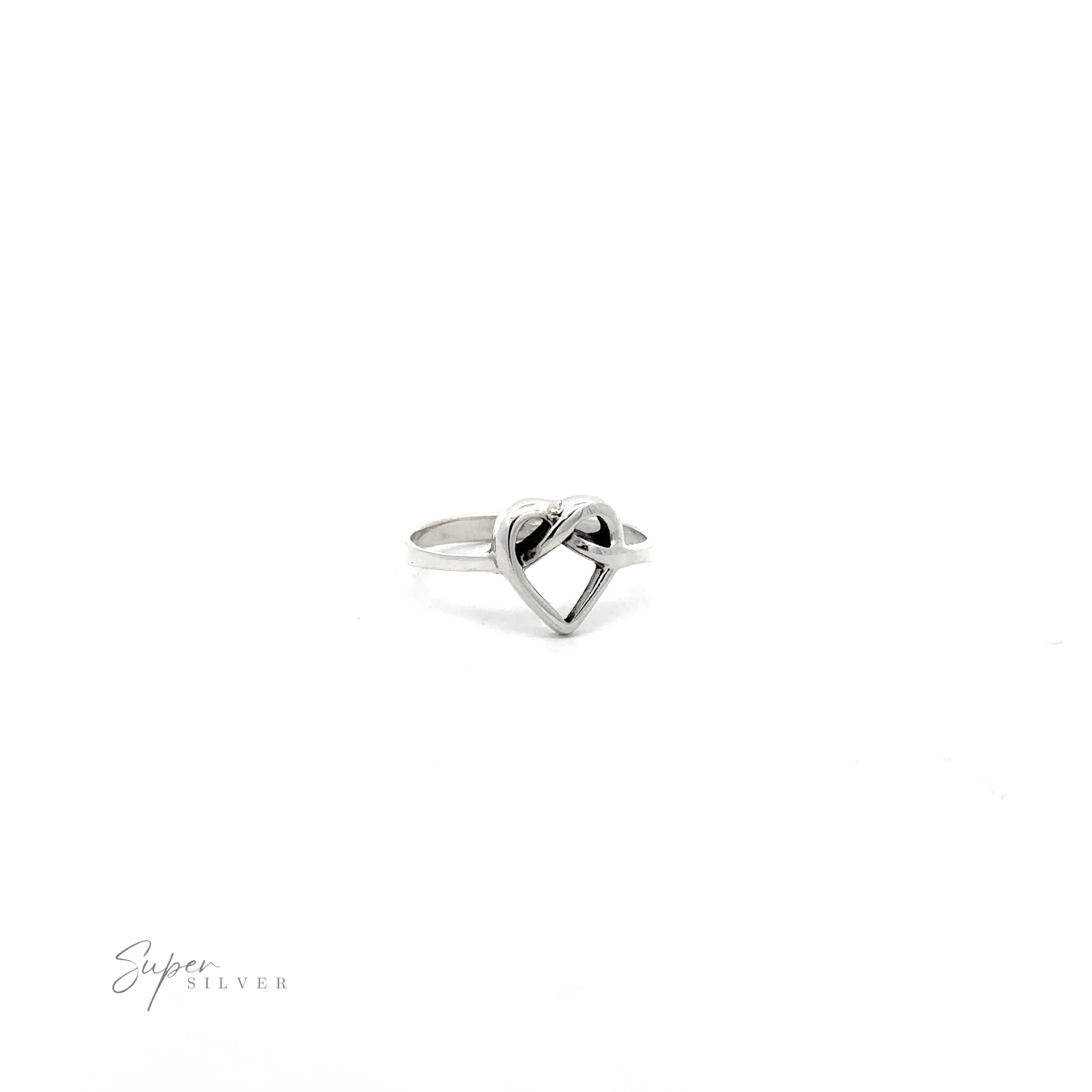 Entwined Heart Knot Ring featuring a heart knot design on a white background with the text ".925 Sterling Silver" in cursive.