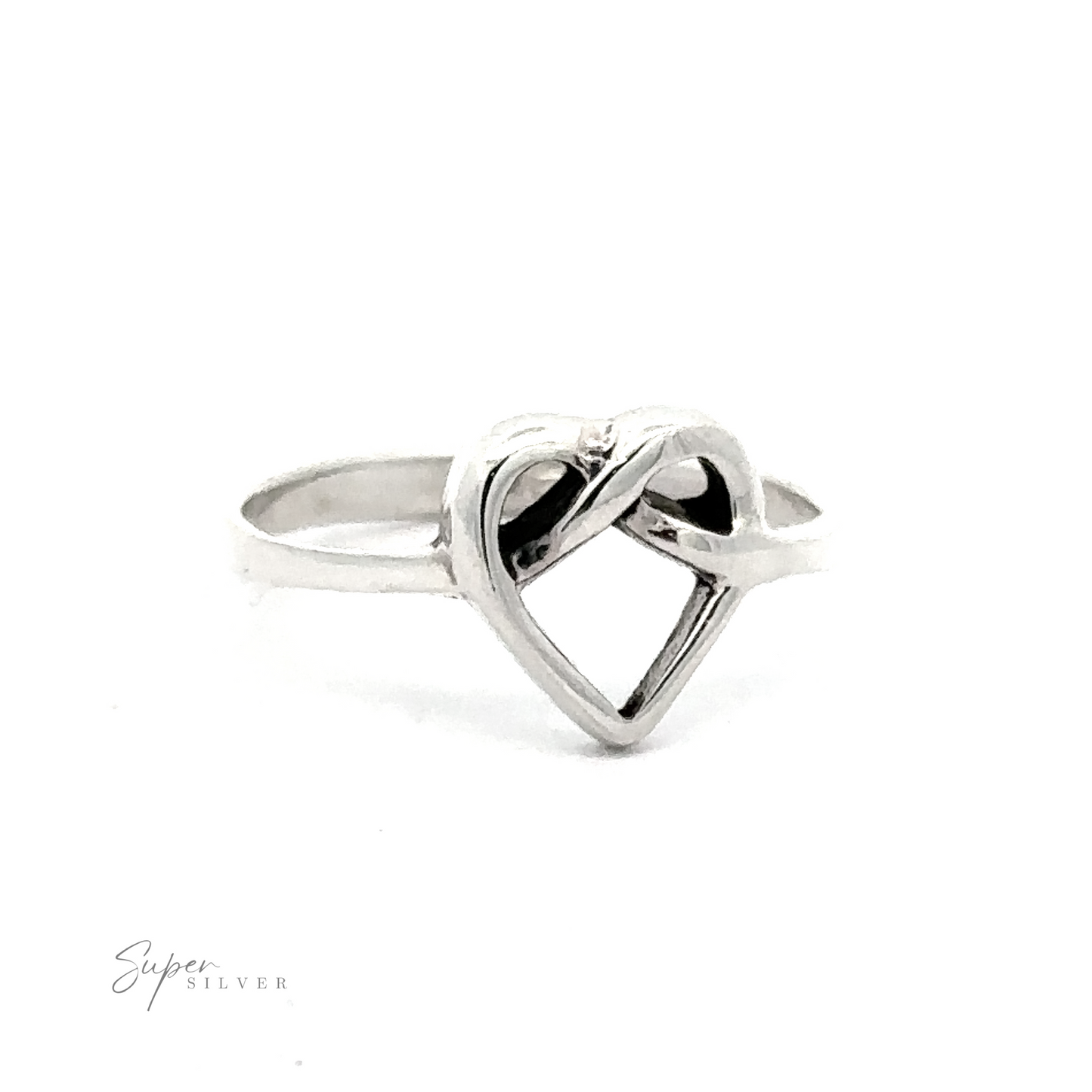 Entwined Heart Knot Ring featuring a heart knot design with an intertwined loop at the top, displayed against a white background with a subtle signature at the bottom left.