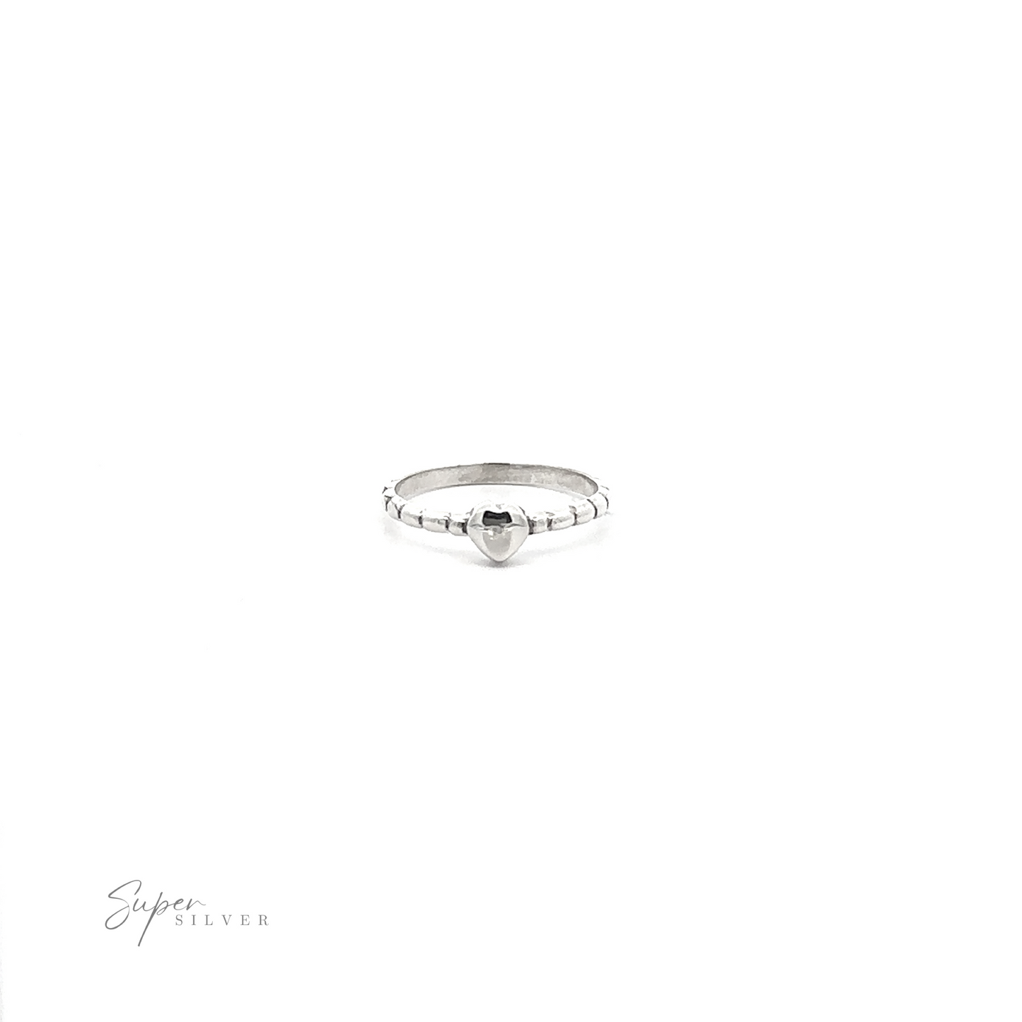 
                  
                    Petite Patterned Heart Band ring with a twisting band motif on a white background, with "super silver" written in cursive at the bottom.
                  
                