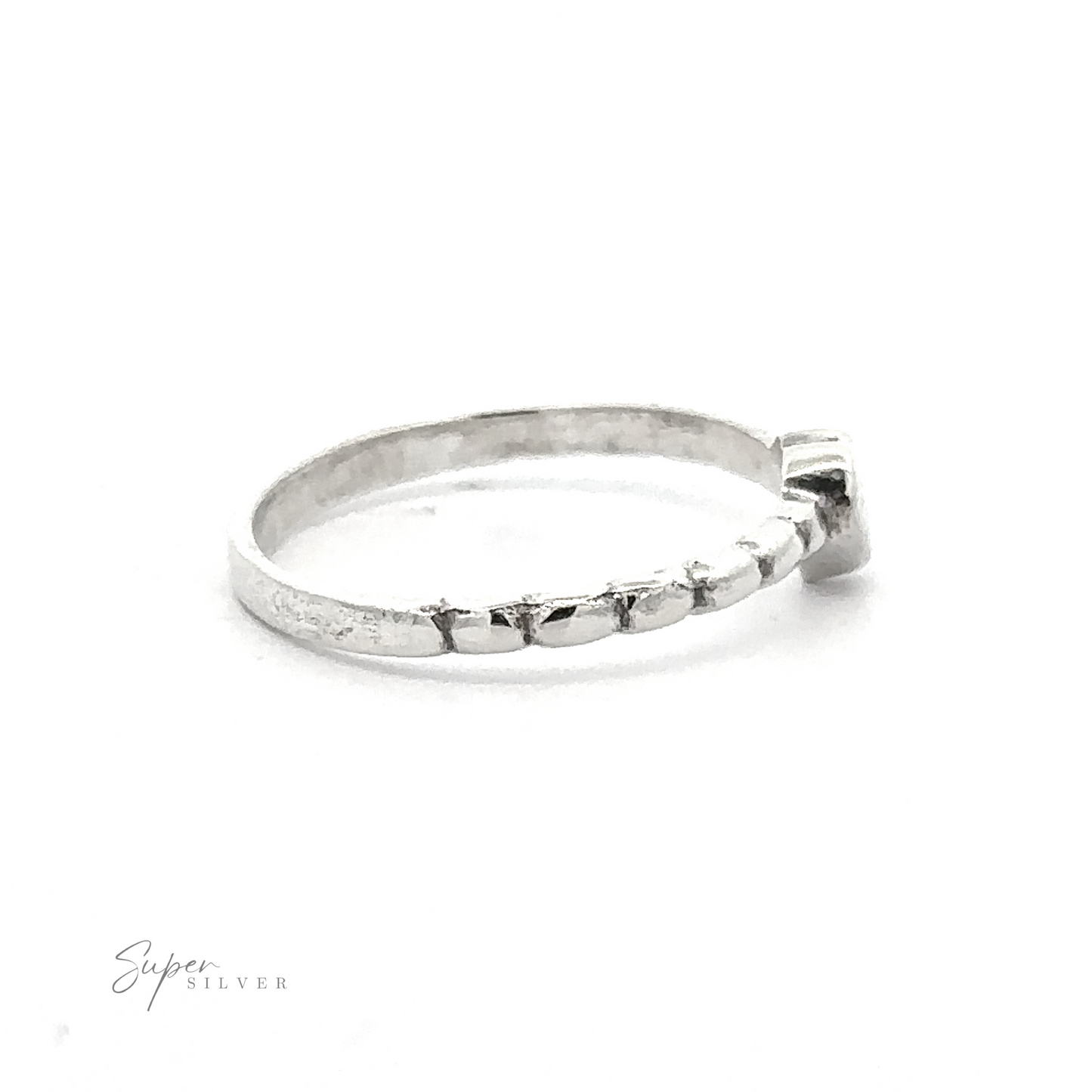
                  
                    Petite Patterned Heart Band with small diamonds set in a straight line, displayed on a white background with "super silver" signature.
                  
                