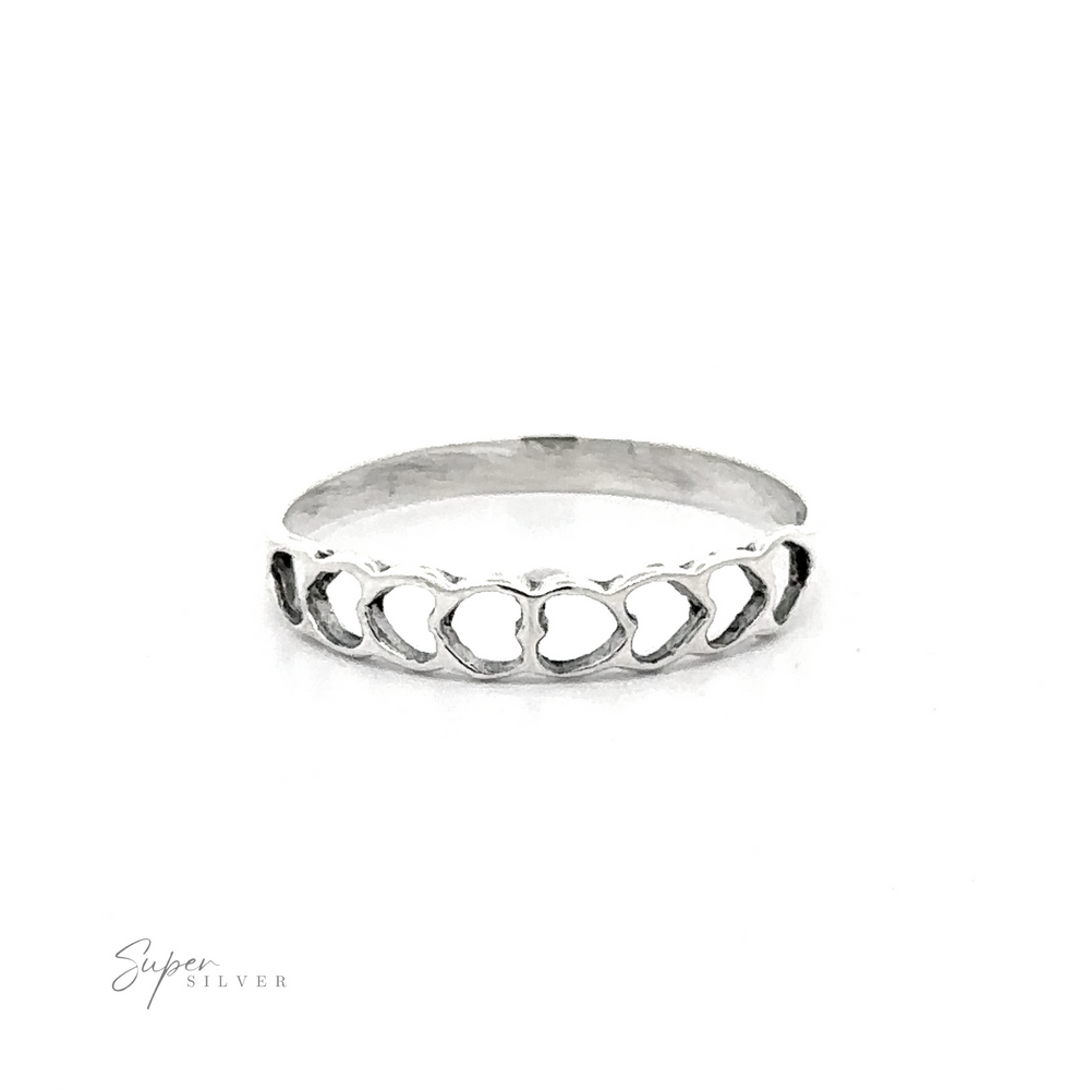 Silver ring featuring a chain-link pattern and a Delicate Heart Cutout Band, displayed against a white background with a "super silver" signature in the bottom right corner.