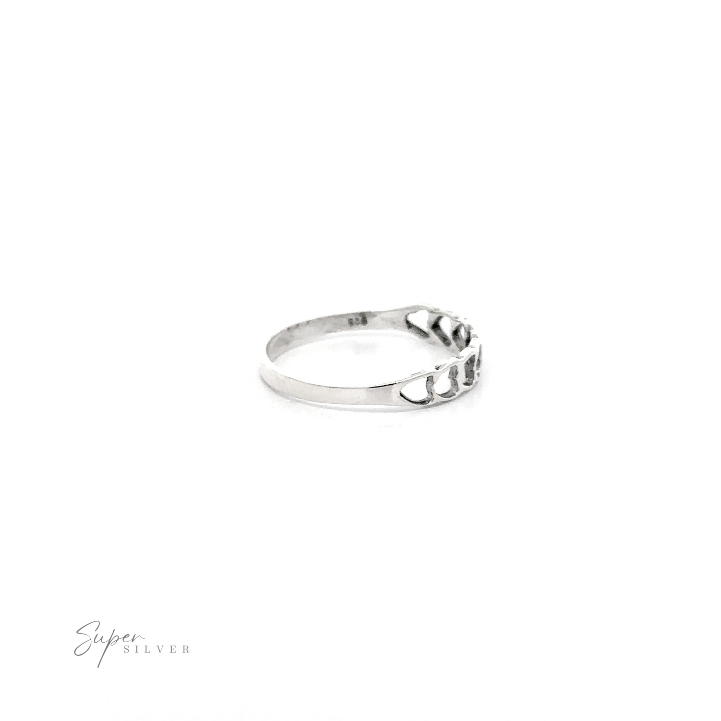 
                  
                    A Delicate Heart Cutout Band with a chain-link design detail on a white background. The text "super silver" is written in stylish script at the bottom.
                  
                