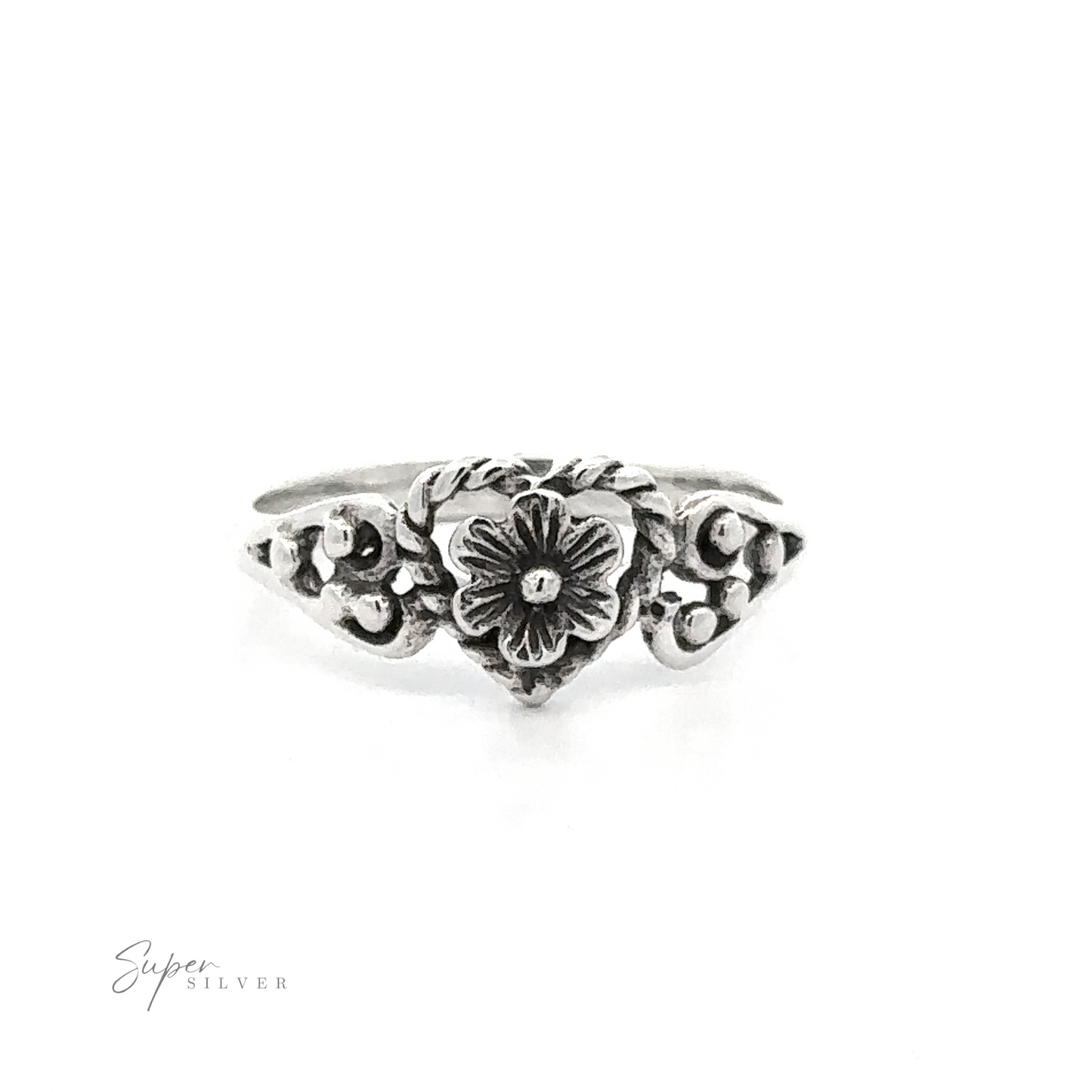 
                  
                    Twisted Heart Outline Ring with Floral Detailing featuring a flower design, positioned centrally on a white background with "super silver" signature visible at the bottom.
                  
                