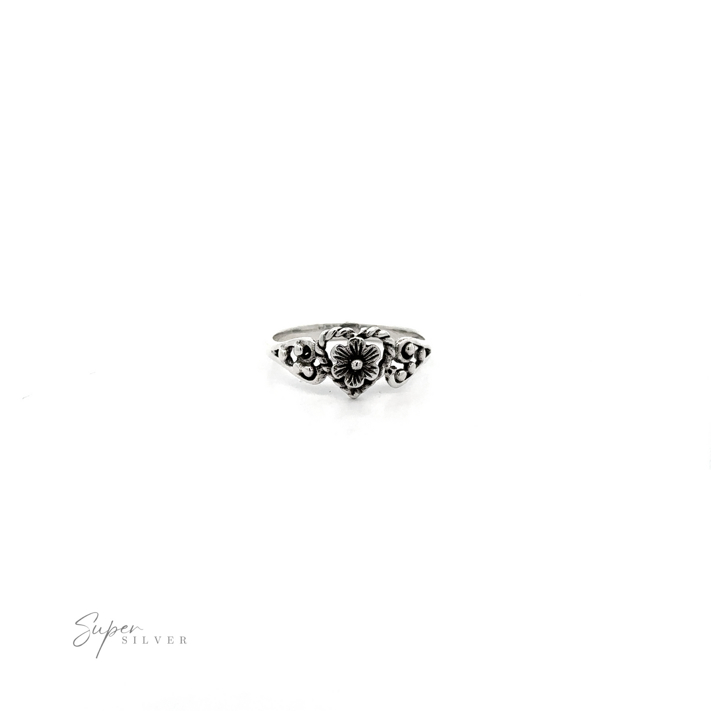 Twisted Heart Outline Ring with Floral Detailing displayed centrally on a white background with the text "super silver" at the bottom.