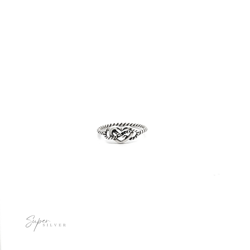 Open Heart ring with a rope band, centered on a white background with the text "super silver" at the top.