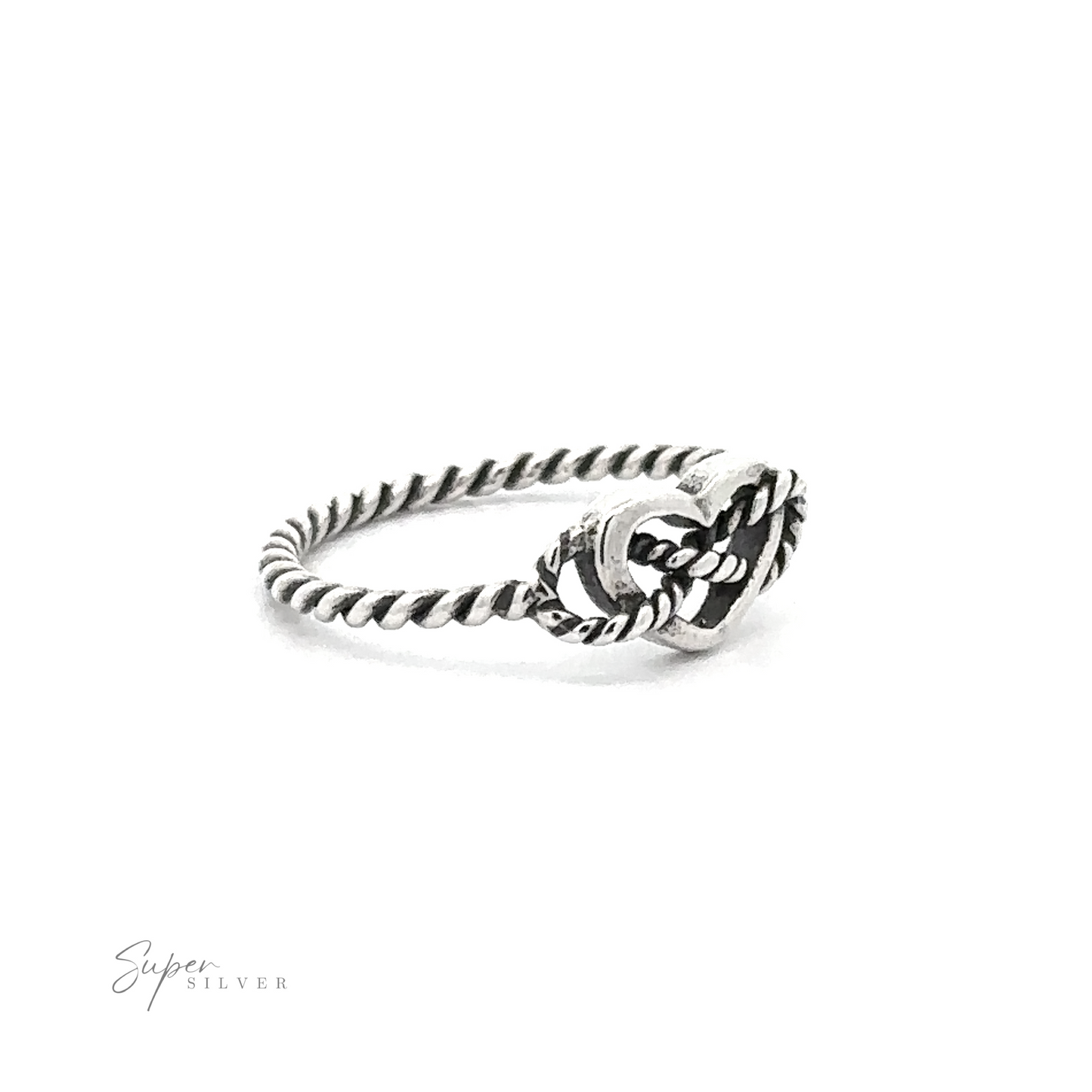 
                  
                    Sterling silver Open Heart ring with a twisted rope design, presented on a white background with "super silver" signature.
                  
                