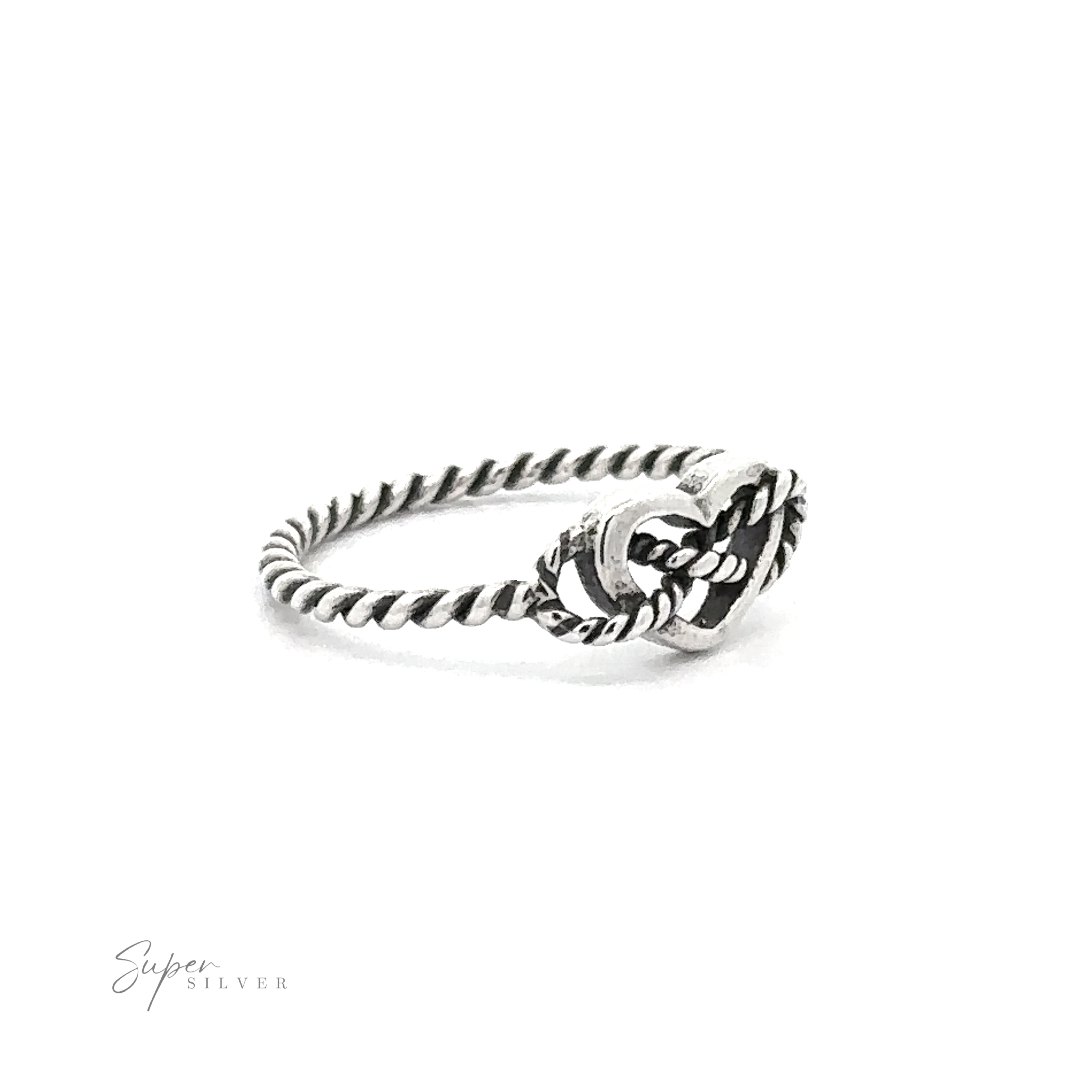 Sterling silver Open Heart ring with a twisted rope design, presented on a white background with "super silver" signature.